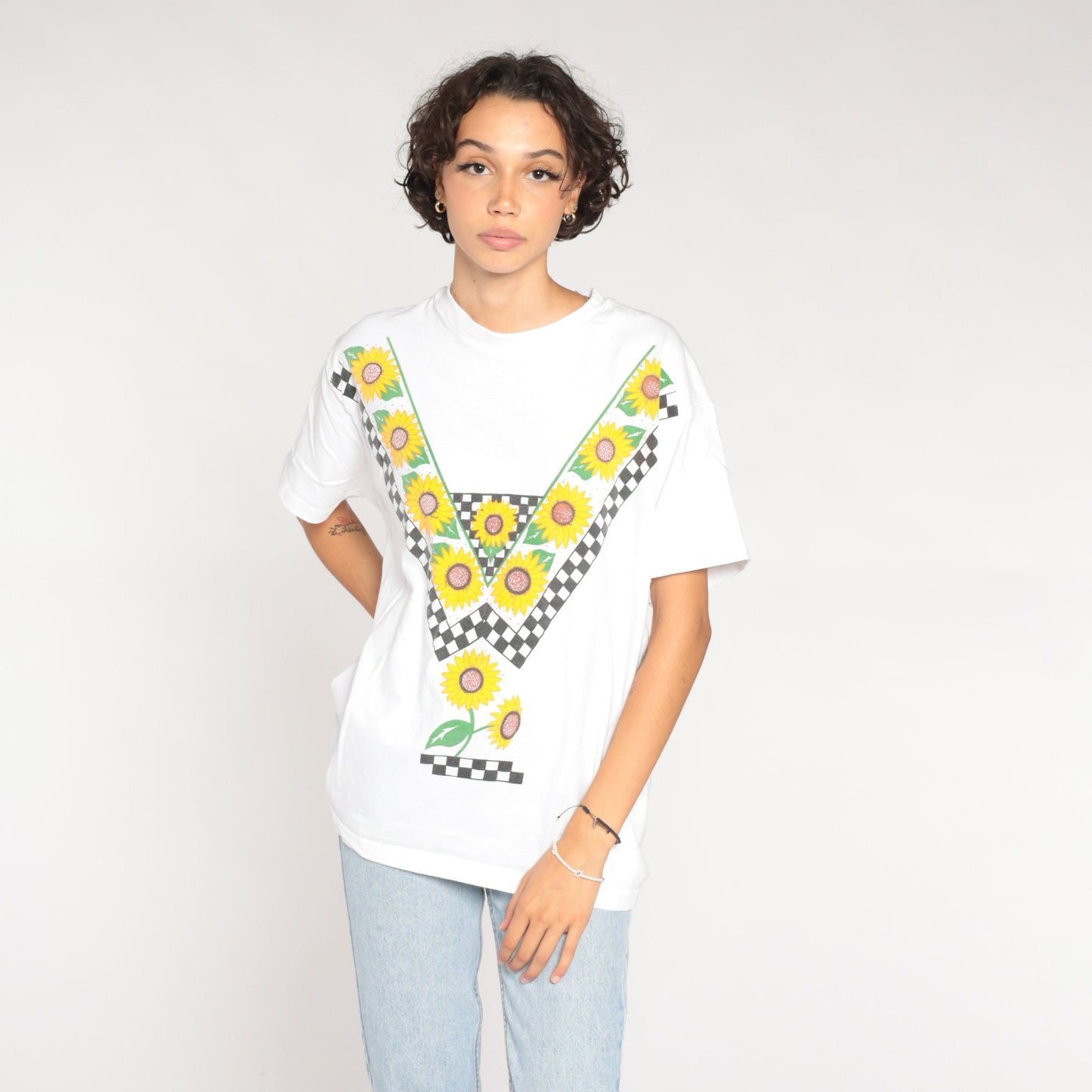 90s Sunflower Checkered Graphic T-Shirt White Cotton Single Stitch Large