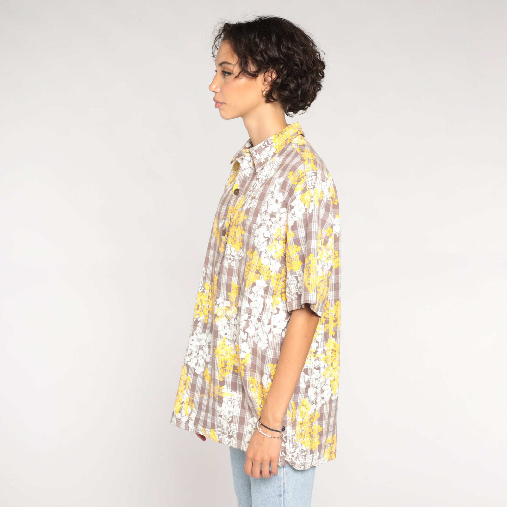 80s Checkered Floral Short Sleeve Button-Up Shirt White Brown Yellow Extra Large XL