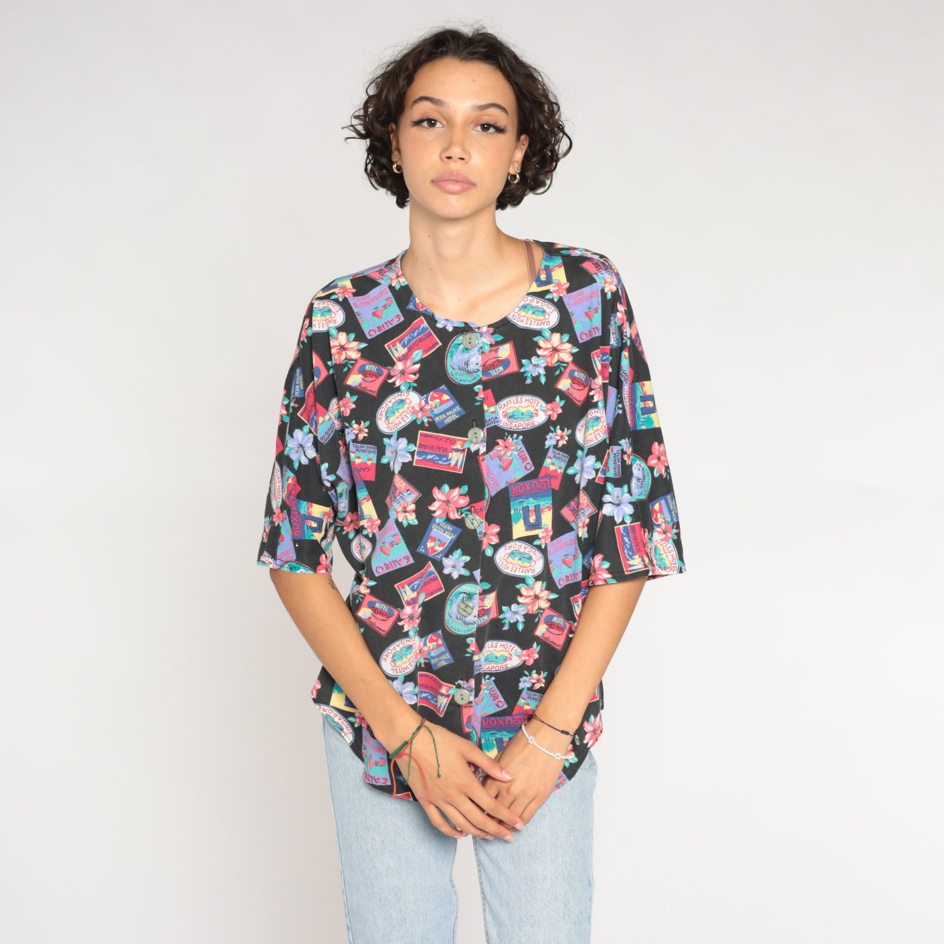 90s Tropical Travel Print Button-Up Shirt Black Graphic Blouse Extra Large