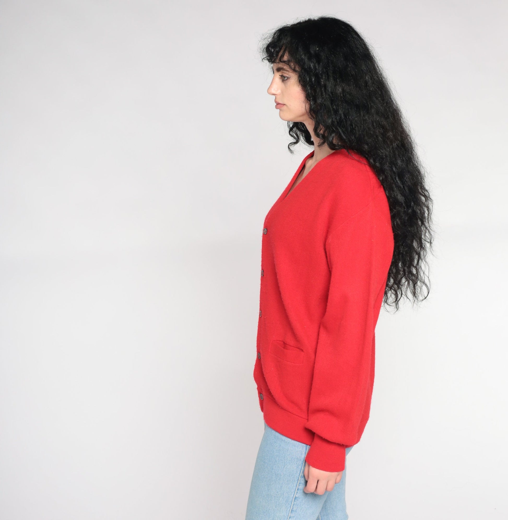 80s Red Knit Cardigan V-Neck Button-Up Sweater Large L