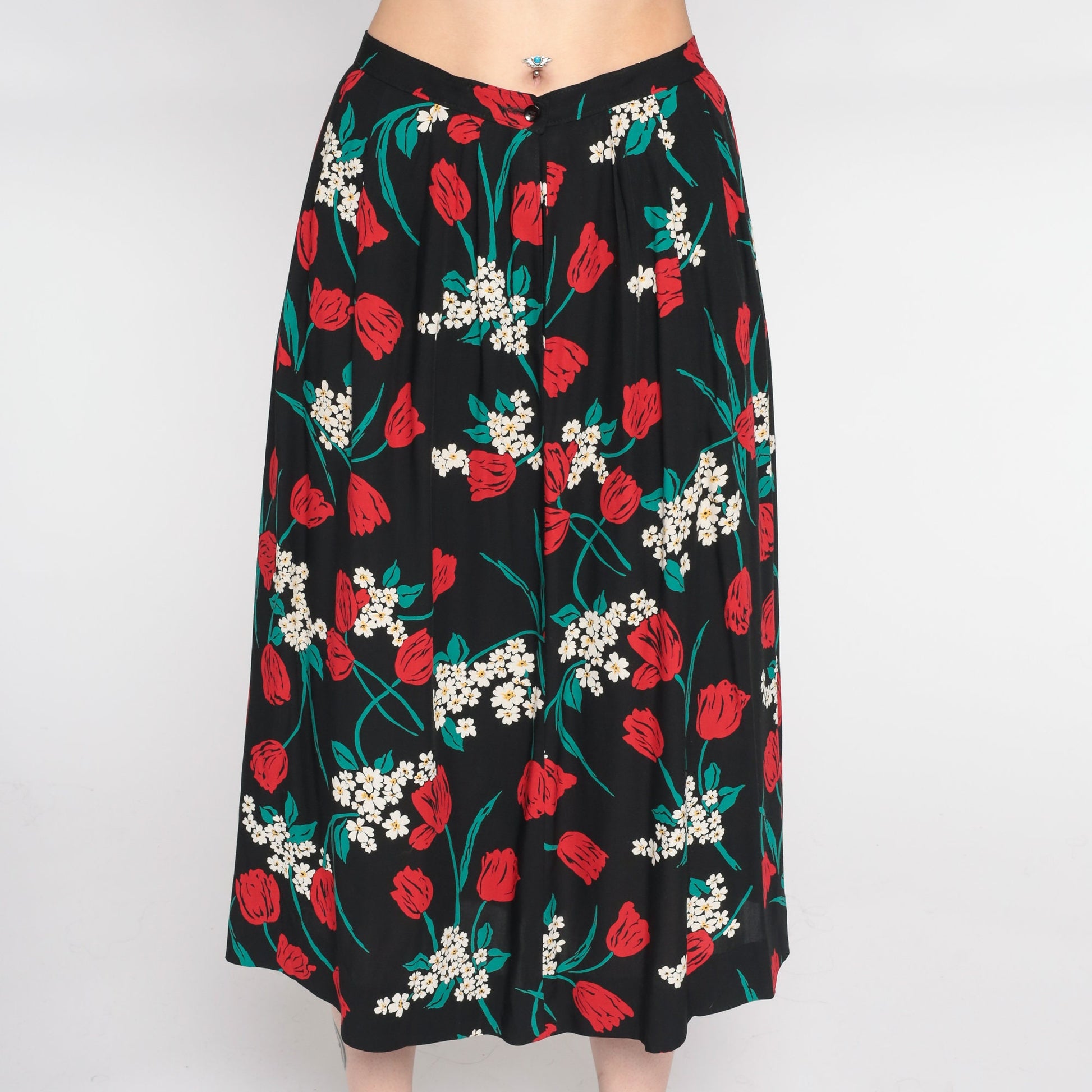 90s Pendleton Floral Midi Skirt Black Red High Waist Small