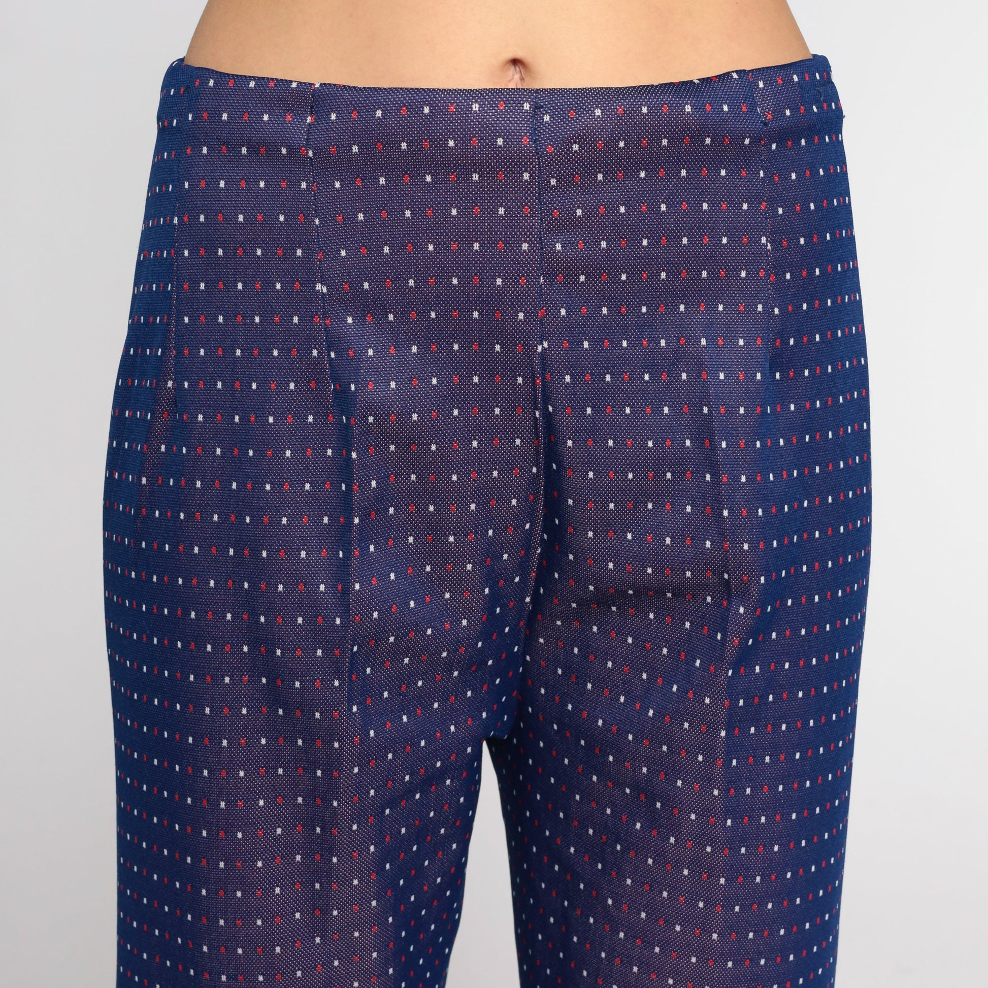 70s Navy Polka Dot Bell Bottom Pants High Waist Flared Trousers Medium Large