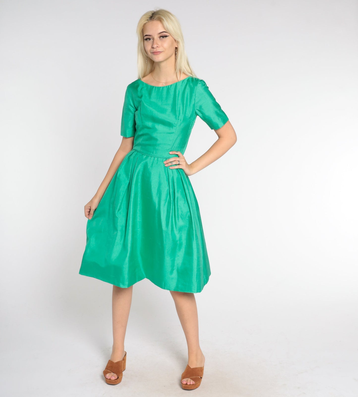 60s Green Knee-Length Dress High Waist A-Line Short Sleeve Extra Small