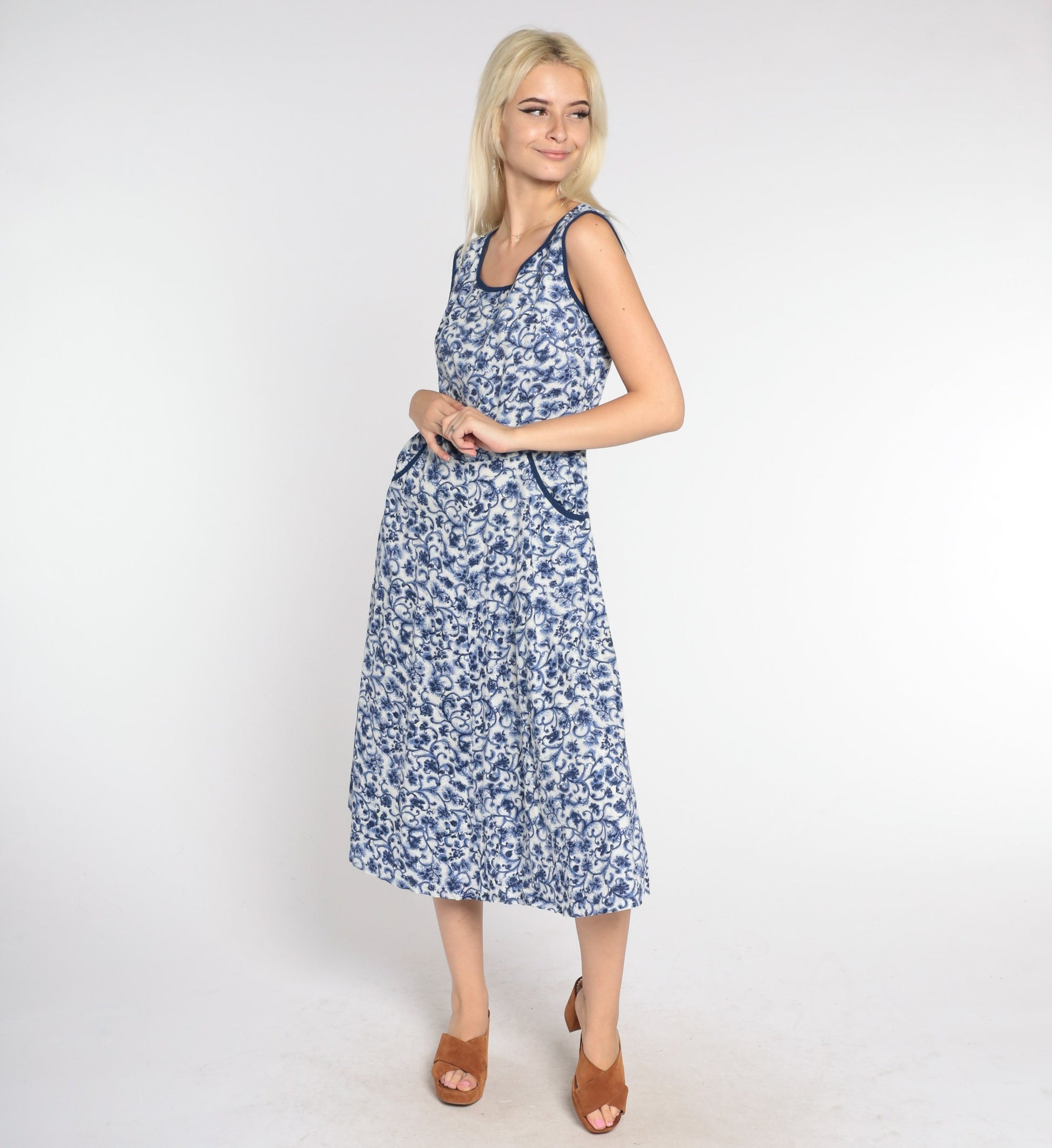 1960s Floral Midi Dress Blue White Rhinestone Beaded High Waist A-Line Medium