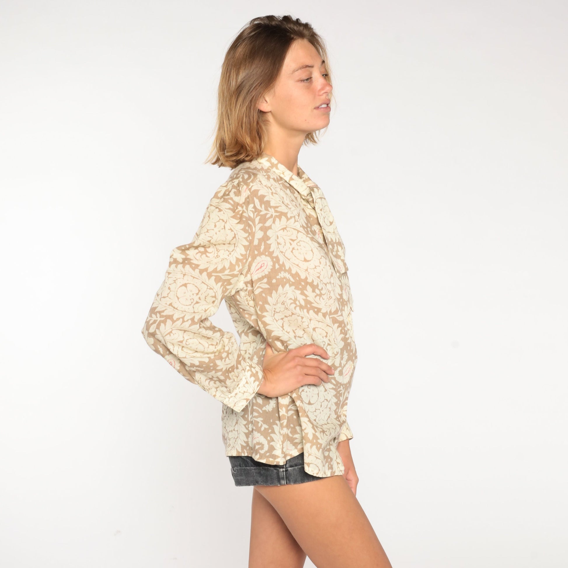 80s Paisley Necktie Blouse Tan Semi-Sheer Button-Up Long Sleeve Large L
