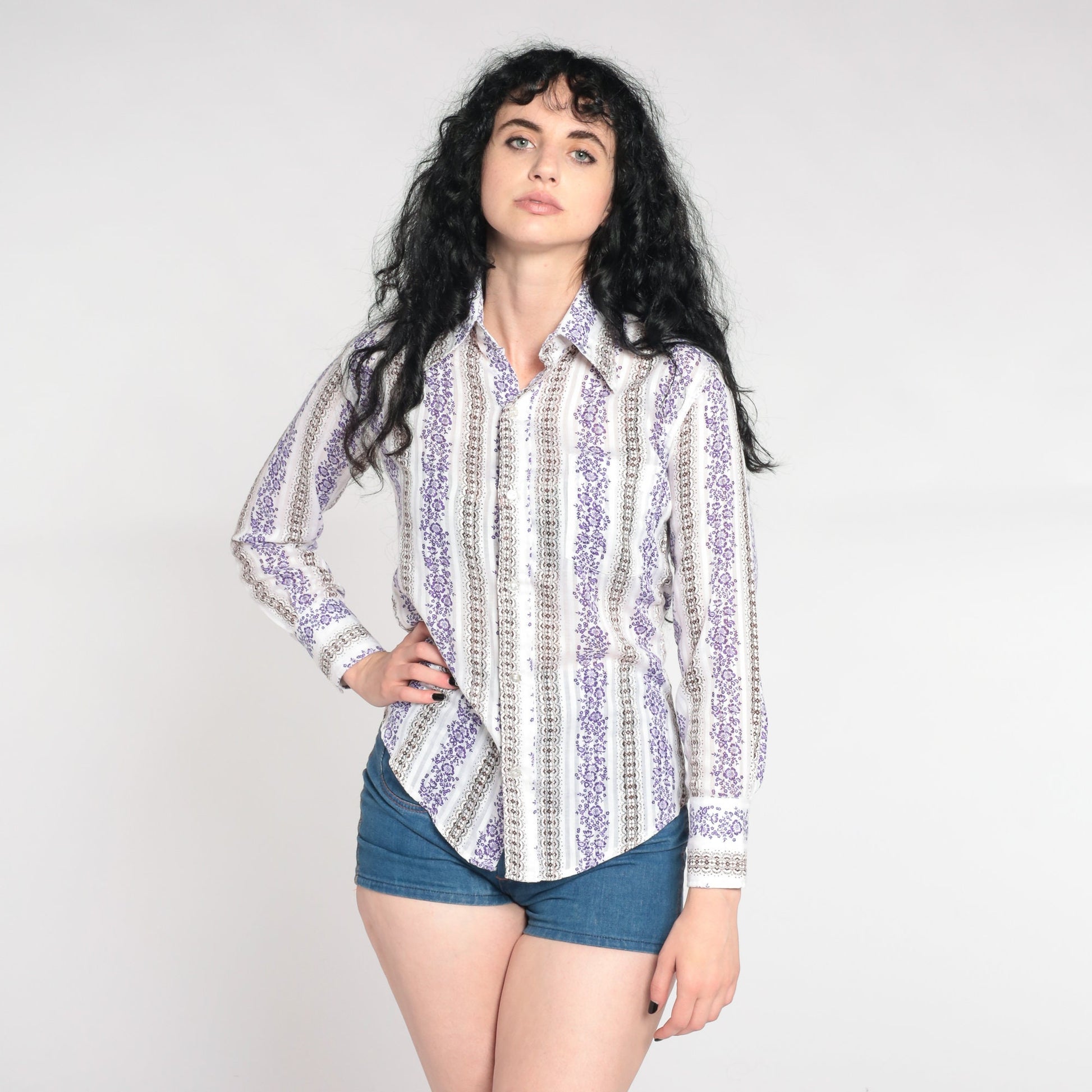 70s Striped Floral Dagger Collar Button-Up Shirt White Purple Small