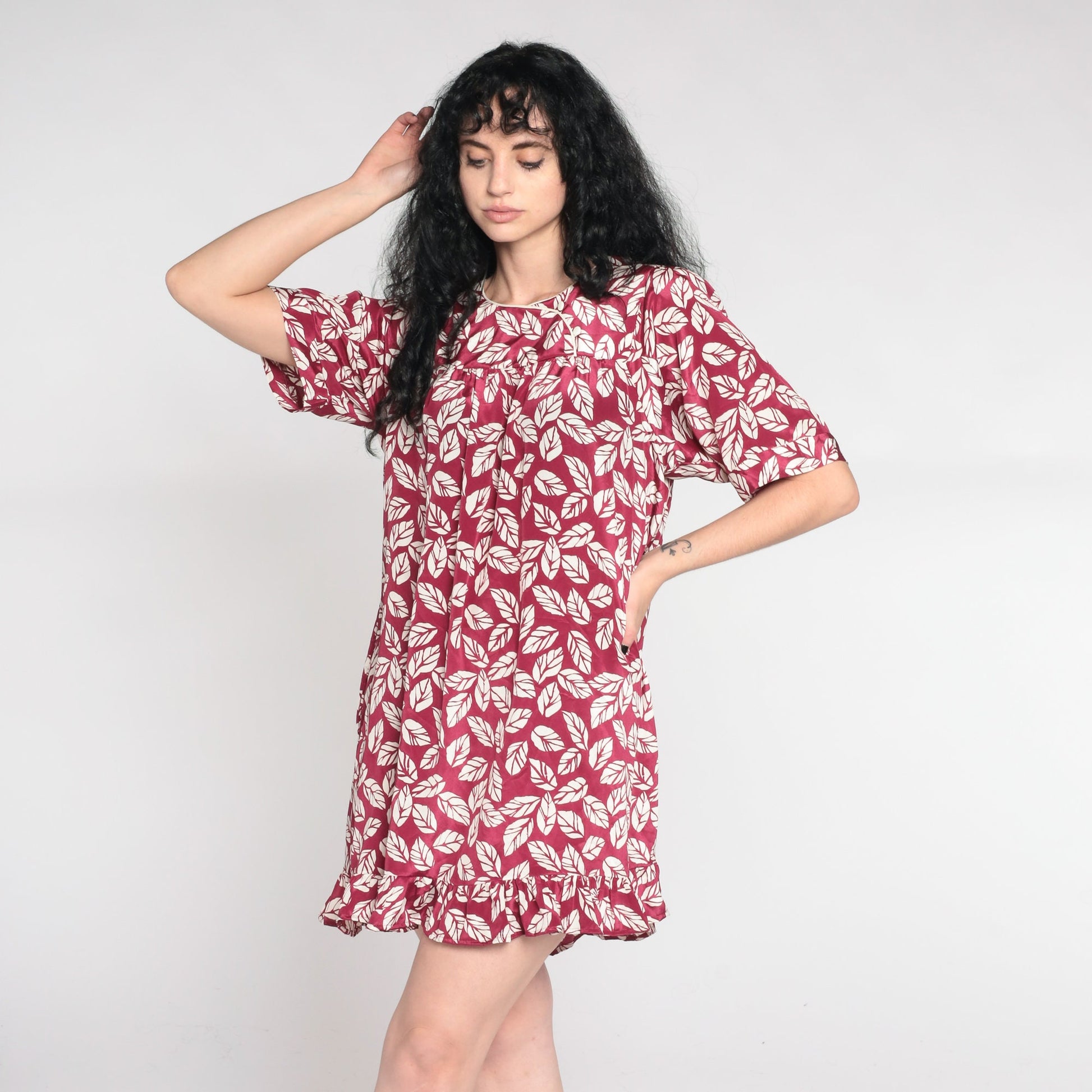 90s Leaf Print Tent Dress Dark Raspberry Red Mini Yoke Short Sleeve Small Medium