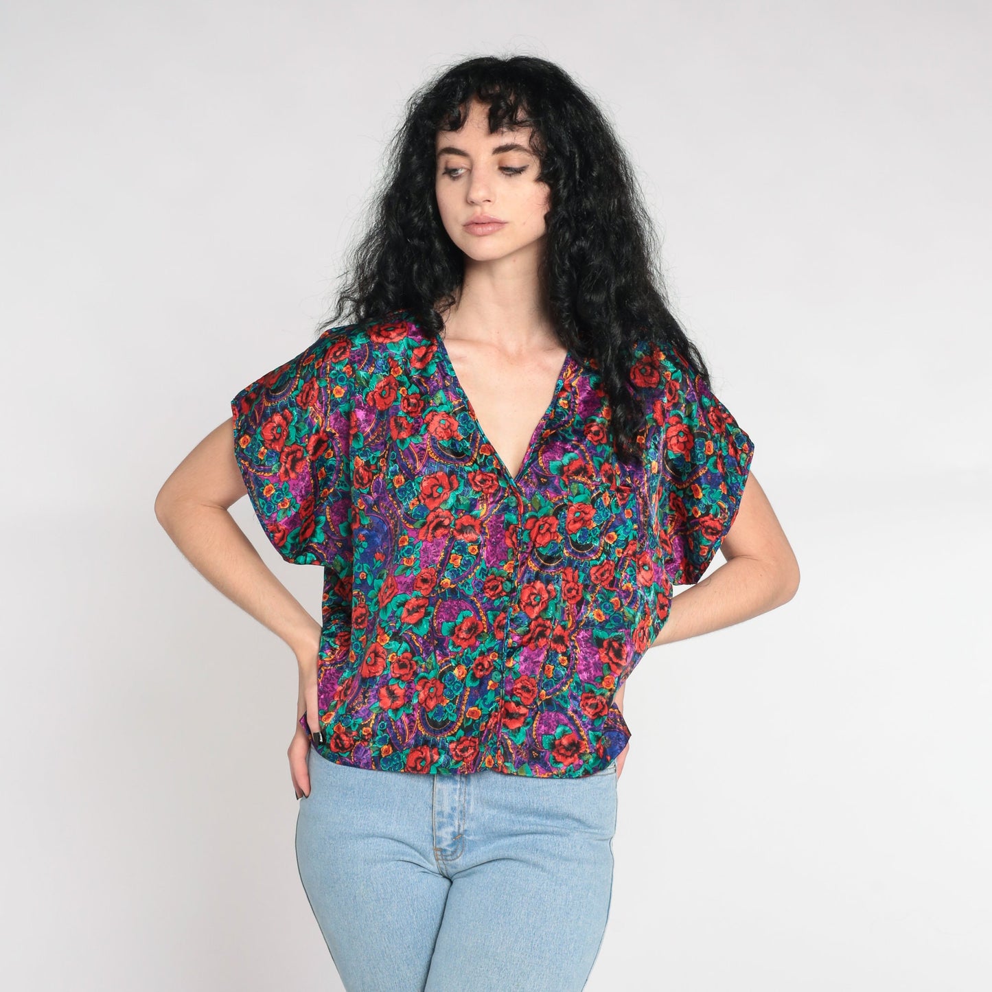 90s Embossed Paisley Floral Satin Pajama Top Button-Up Sleep Shirt Large L