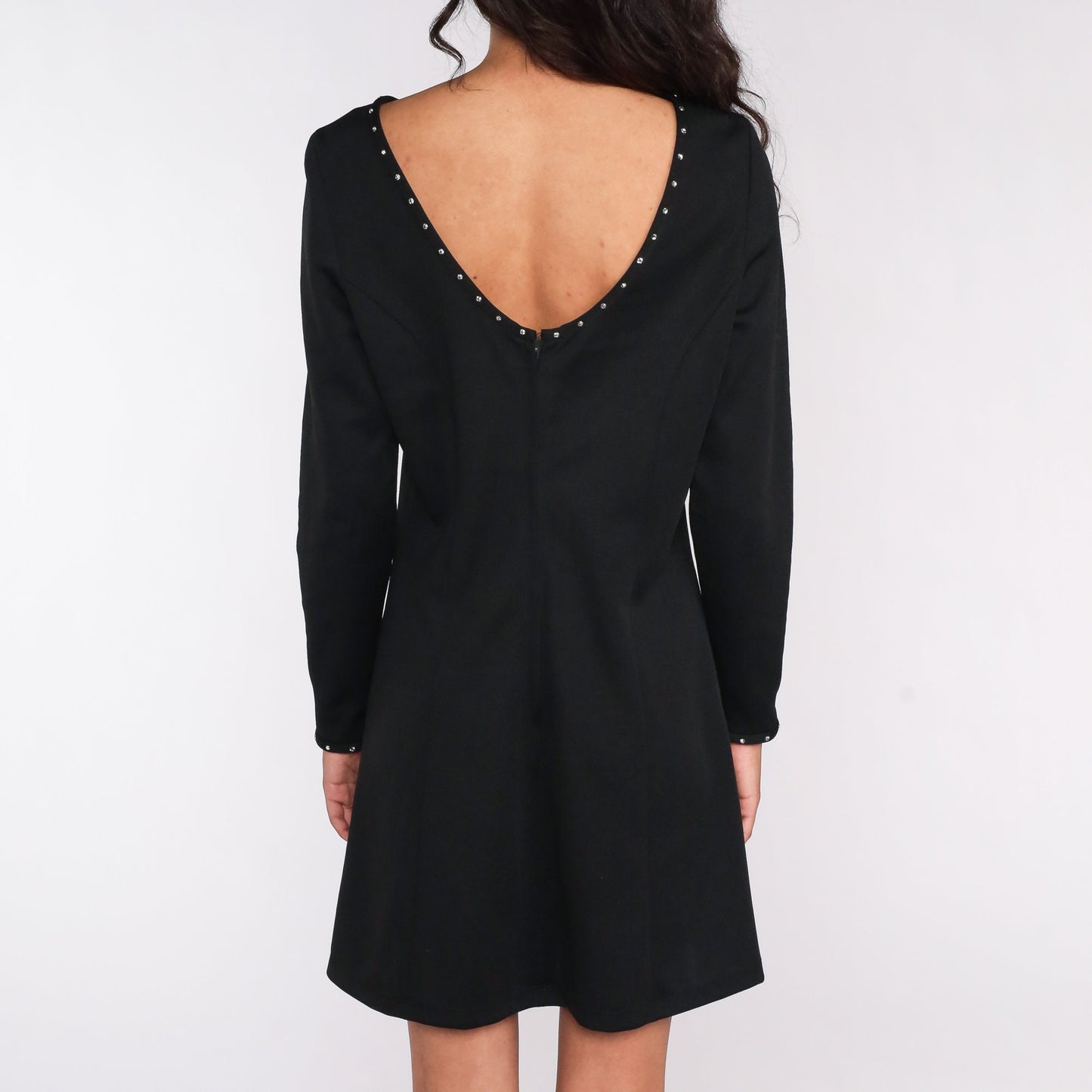 70s Black Mini Dress Rhinestone Low Back Shift Dress Medium
