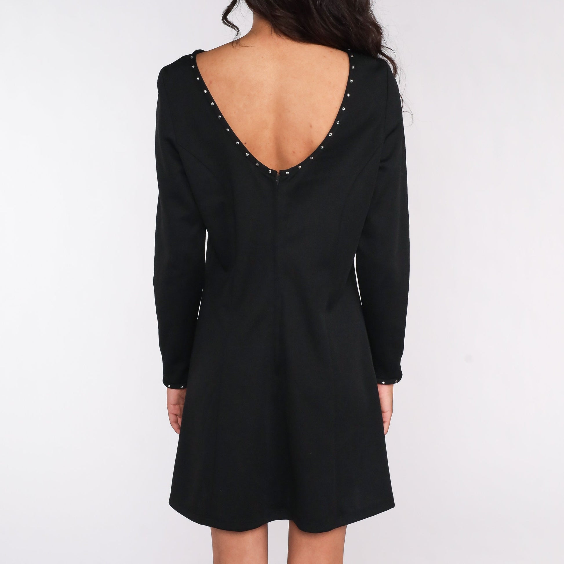 70s Black Mini Dress Rhinestone Low Back Shift Dress Medium