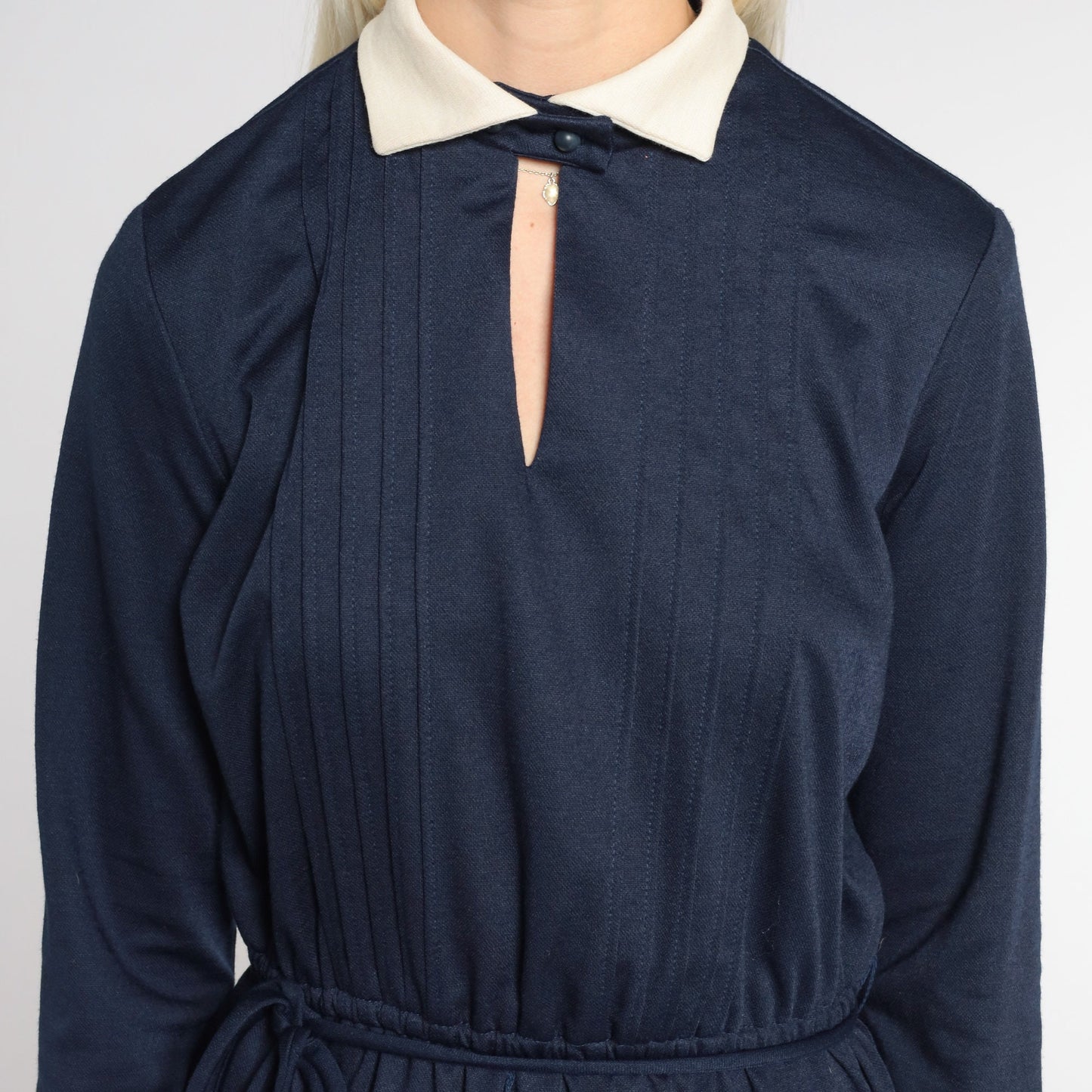 80s Navy Collared Midi Dress Cream Keyhole High Waist Long Sleeve Small
