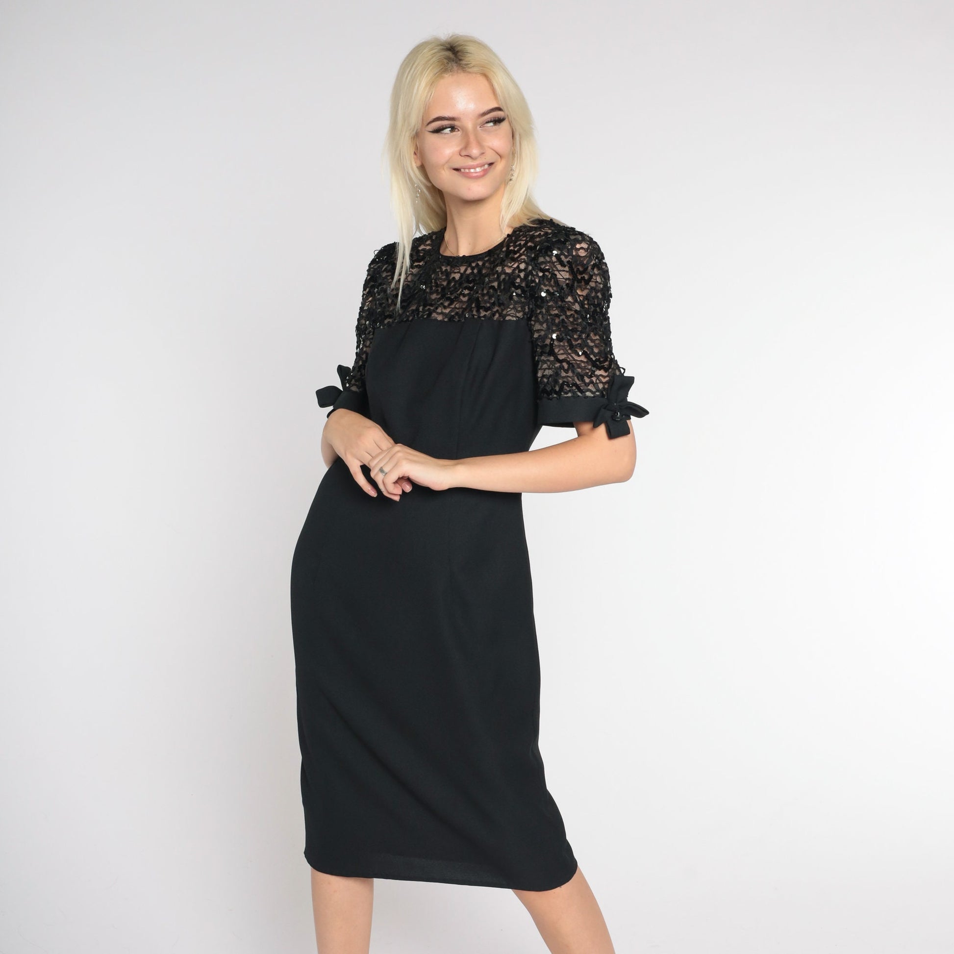 80s Black Sequin Lace Pencil Dress Knee Length Short Sleeve Small