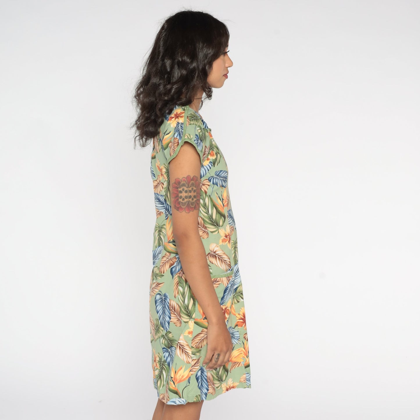 Y2K Tropical Floral Green Mini Dress Cap Sleeve Shift Cotton Extra Small