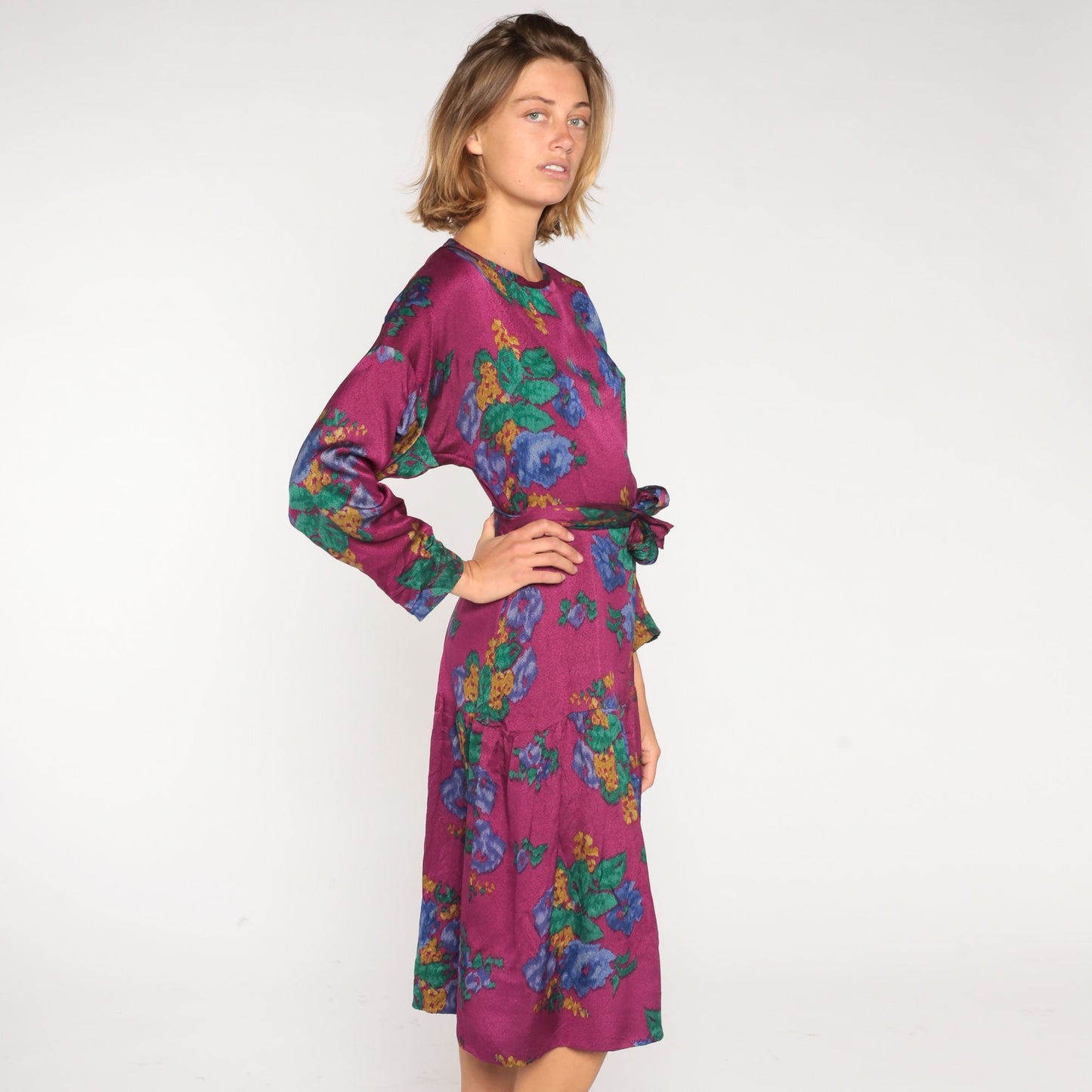 90s Purple Floral Midi Dress Long Sleeve Tie Belt Medium
