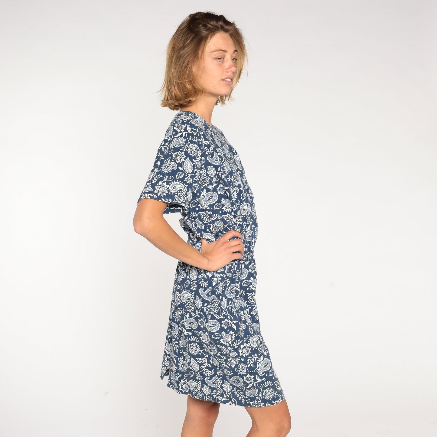 00s Blue Paisley Floral Mini Dress High Waist Cotton Short Sleeve Medium M
