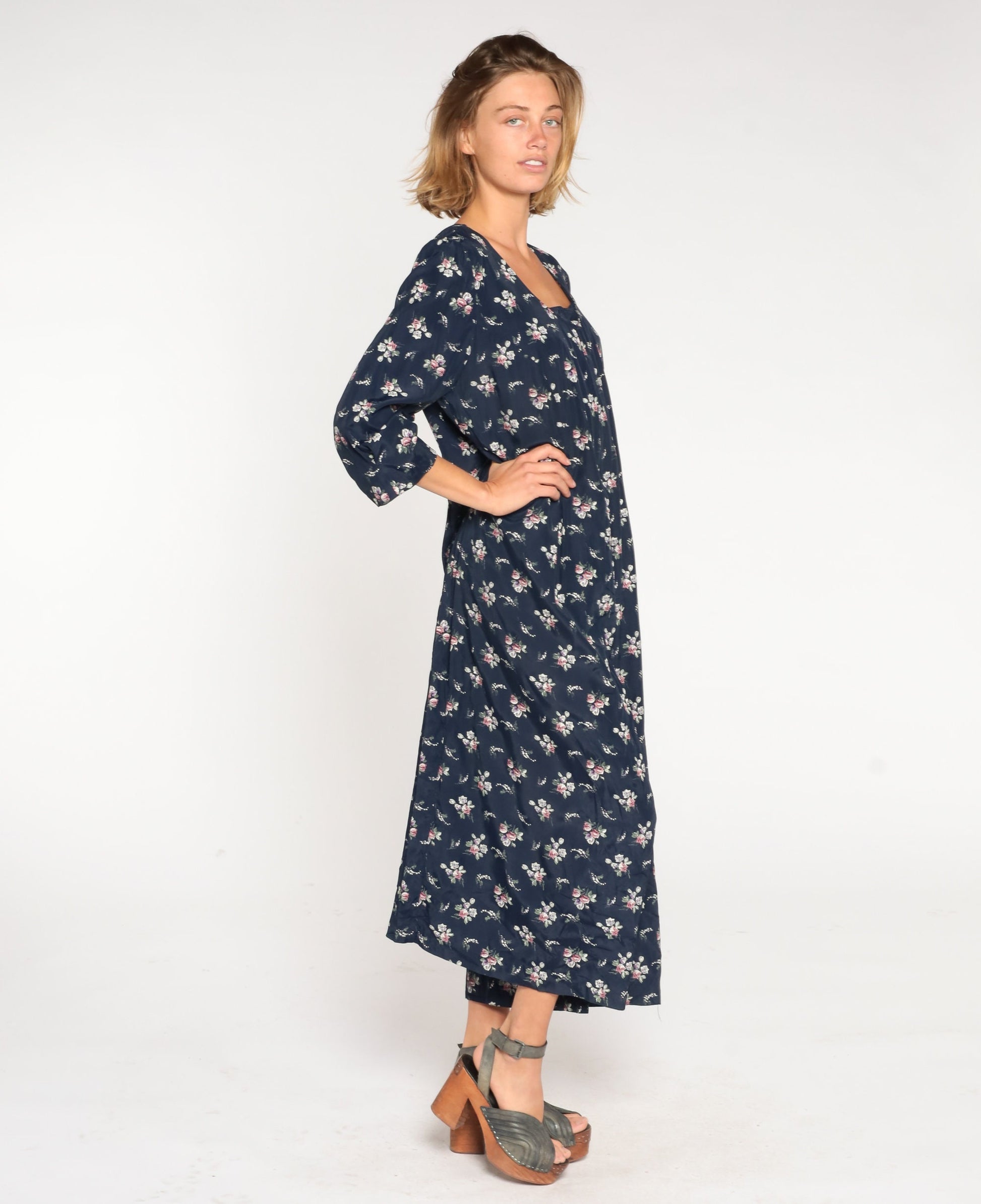 90s Navy Floral Wide Leg Jumpsuit Long Sleeve Rear Zipper Plus Size XXL