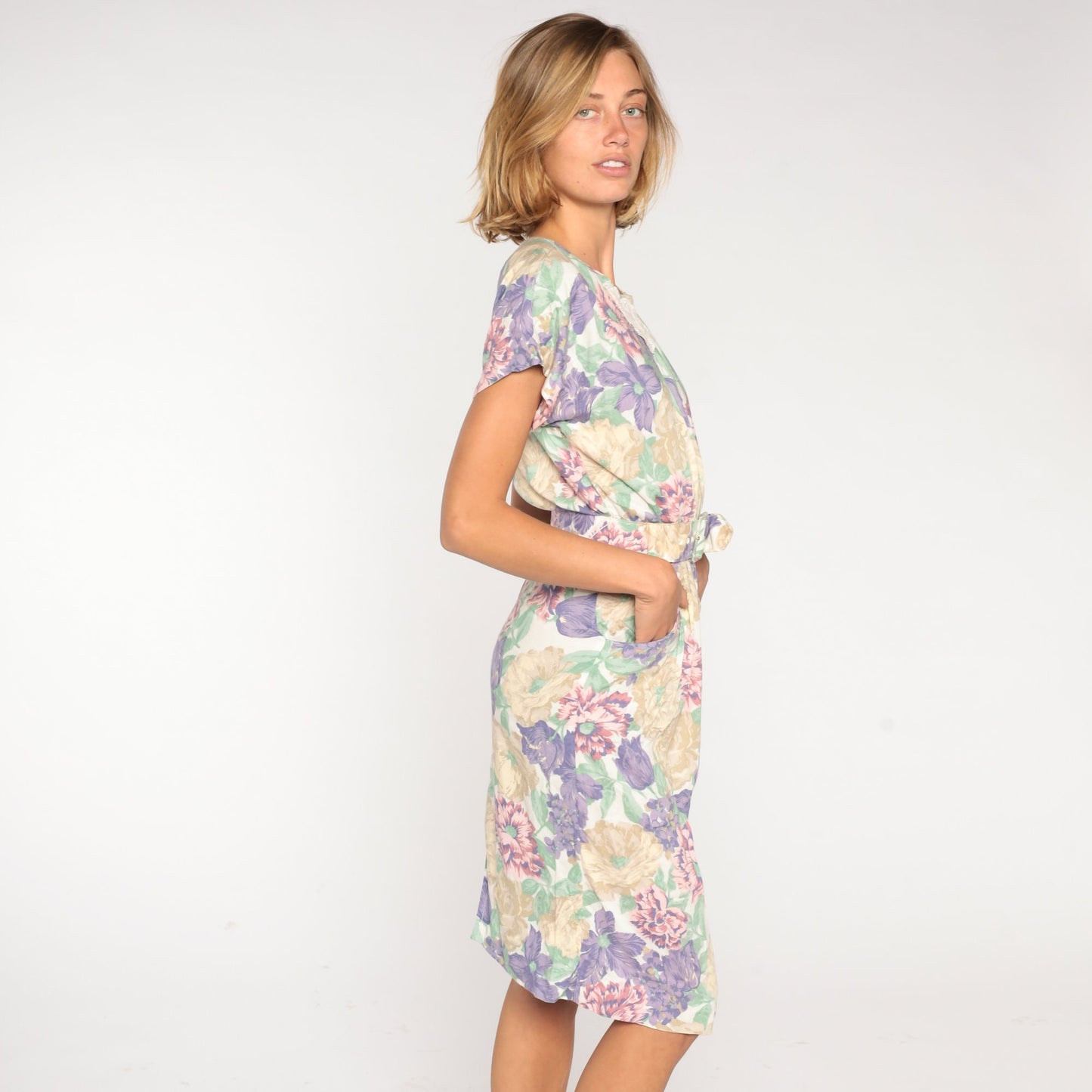 80s Floral Midi Dress White Lace Appliqué Belted Pencil Short Sleeve Small S