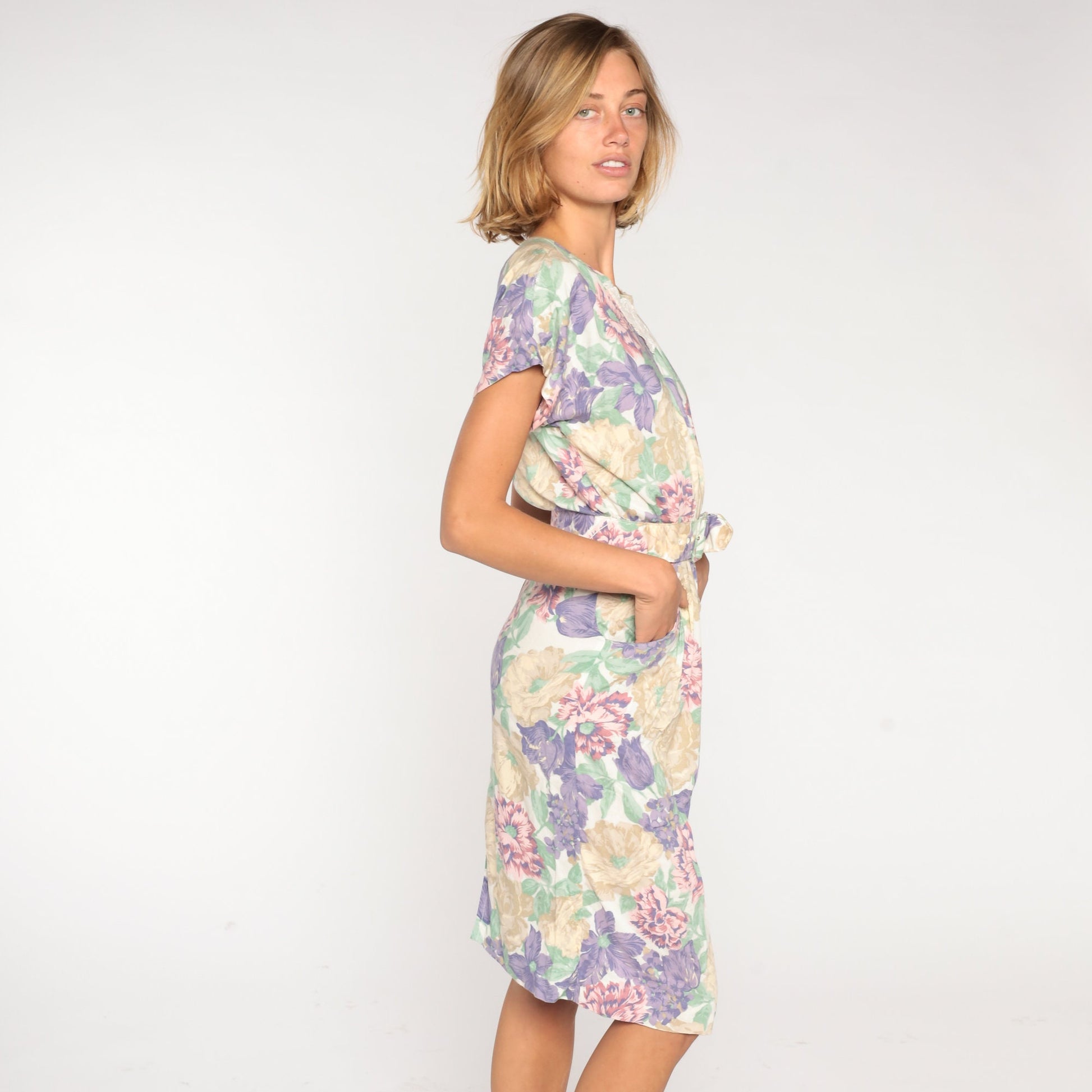 80s Floral Midi Dress White Lace Appliqué Belted Pencil Short Sleeve Small S