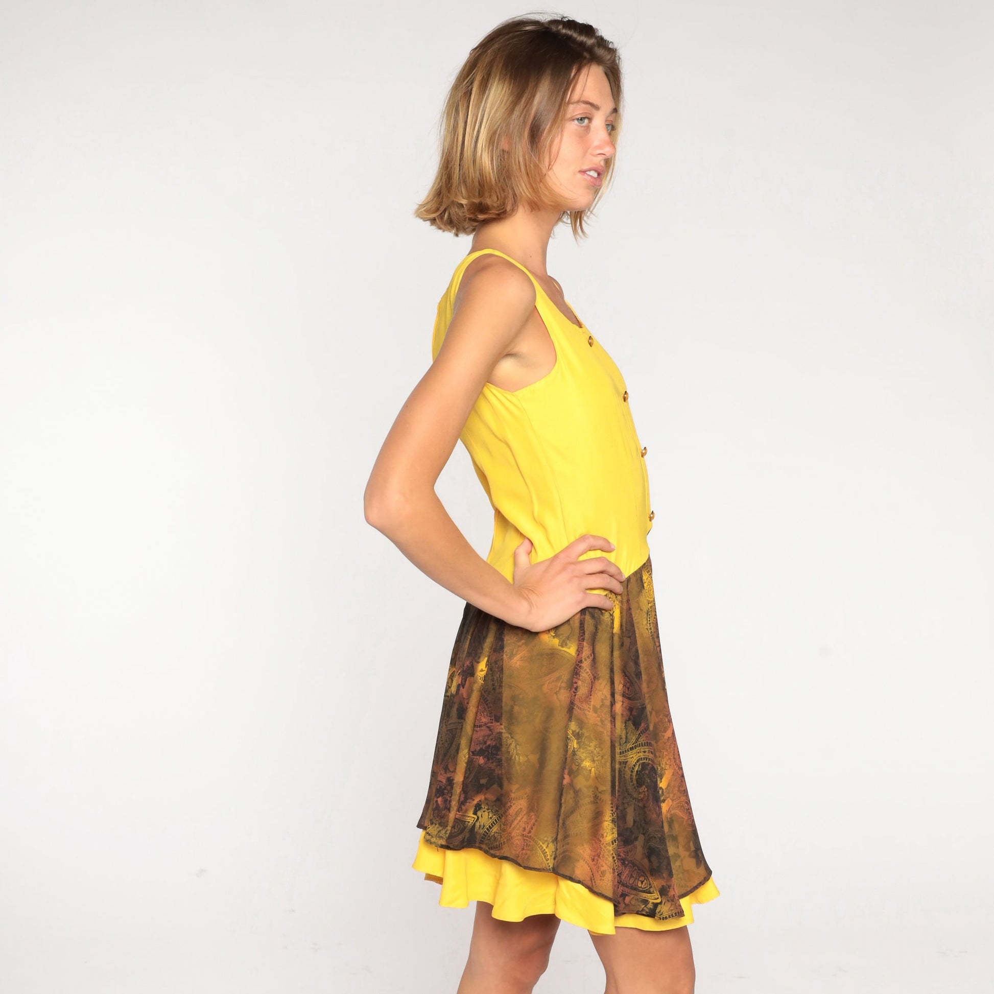 90s Yellow Paisley Mini Dress Sleeveless Button-Up Flowy Layered Extra Small