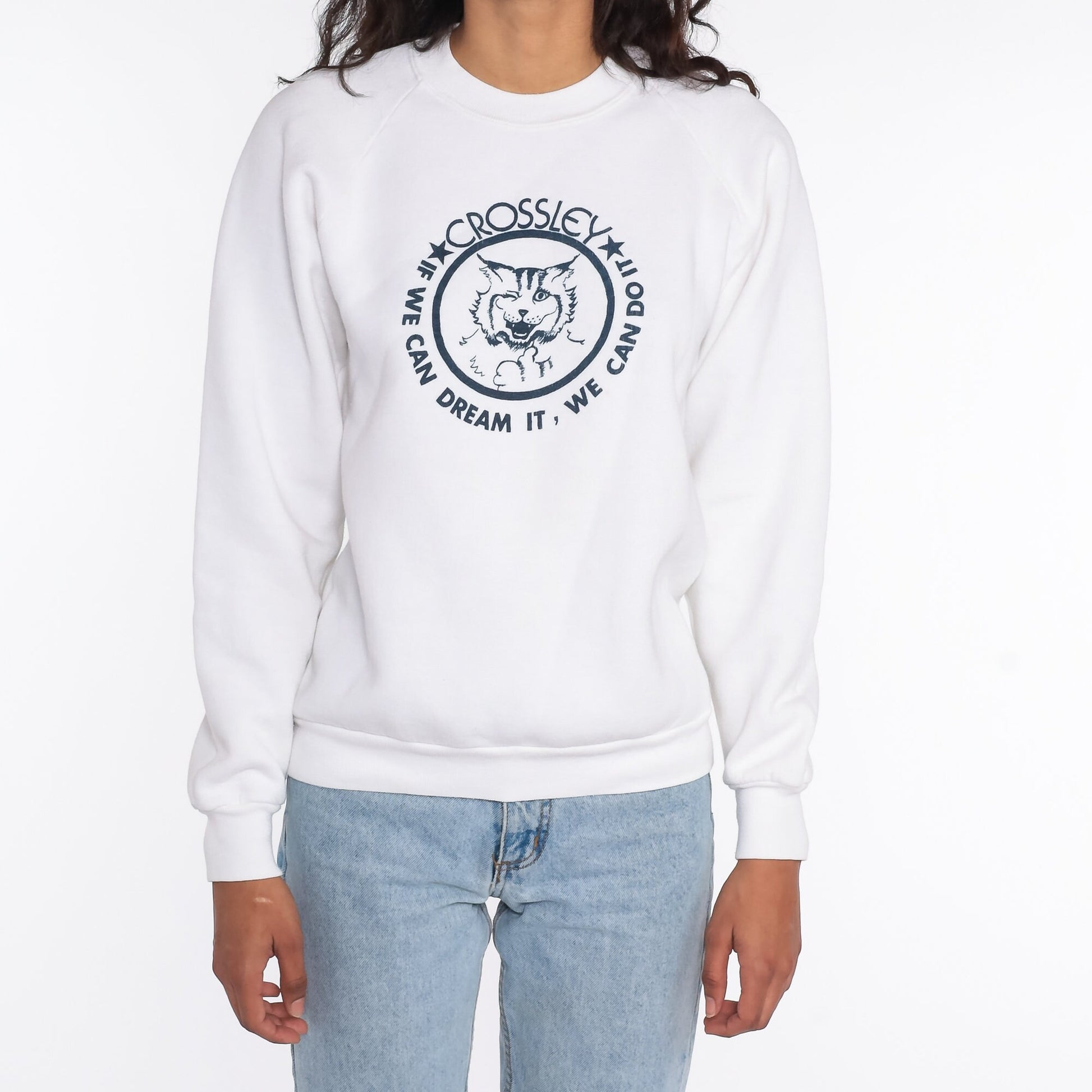 90s Crossley Bobcat Mascot Sweatshirt White Crewneck Slogan Medium