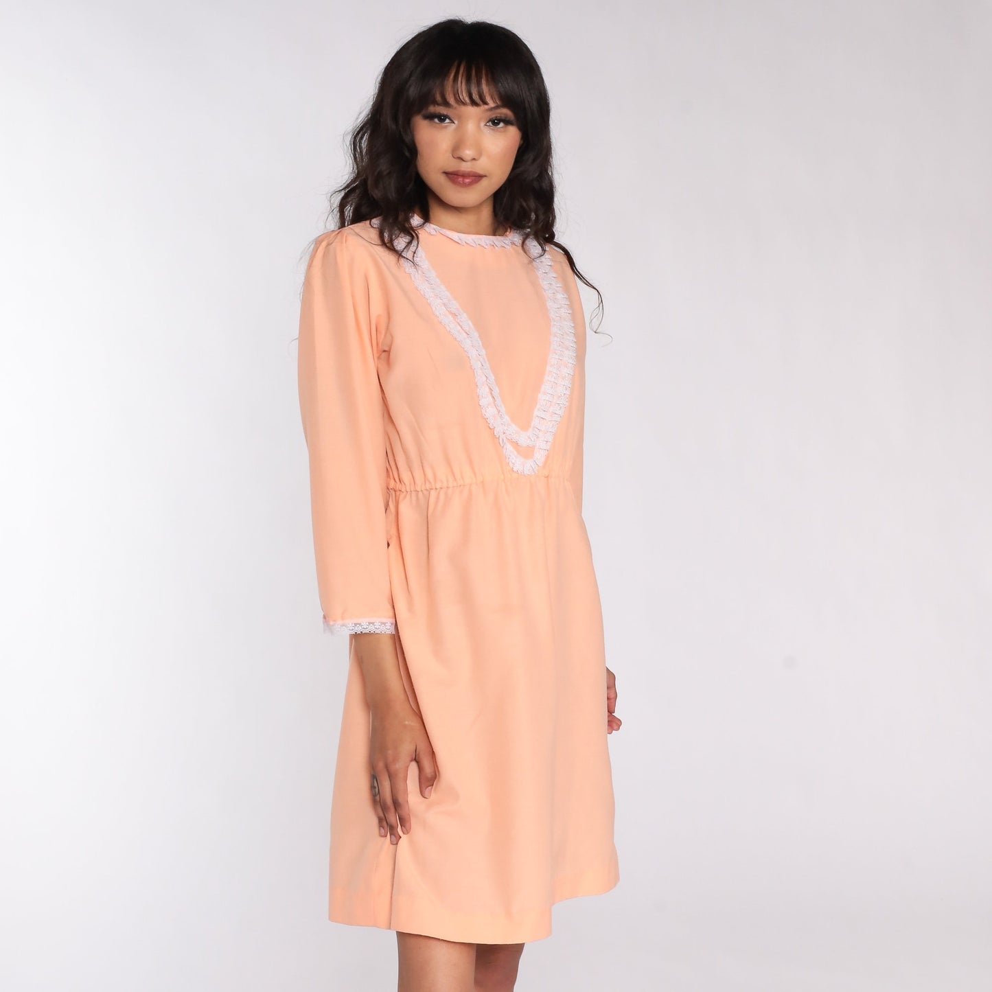 70s Peach Lace Mini Dress Puff Sleeve High Waist Medium