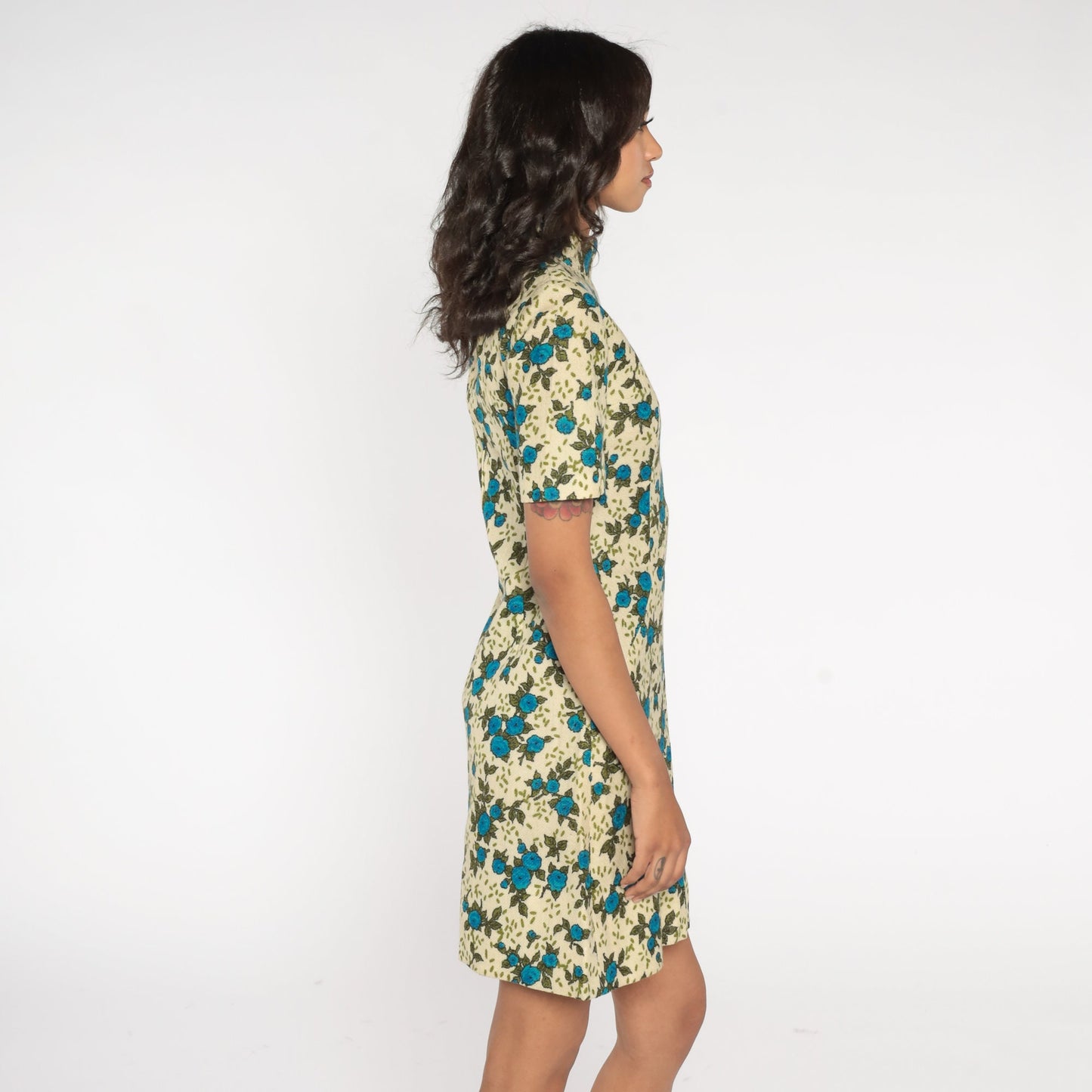 60s Floral Wool Blend Mini Dress Mock Neck A-Line Short Sleeve Cream Blue Extra Small
