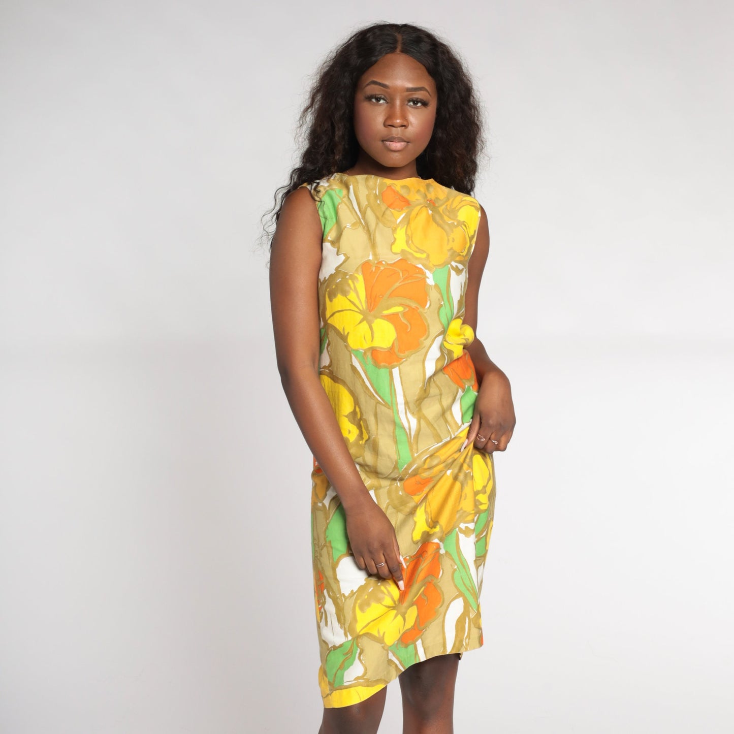 60s Mod Floral Shift Dress Knee Length Orange Green Tan Cotton Small