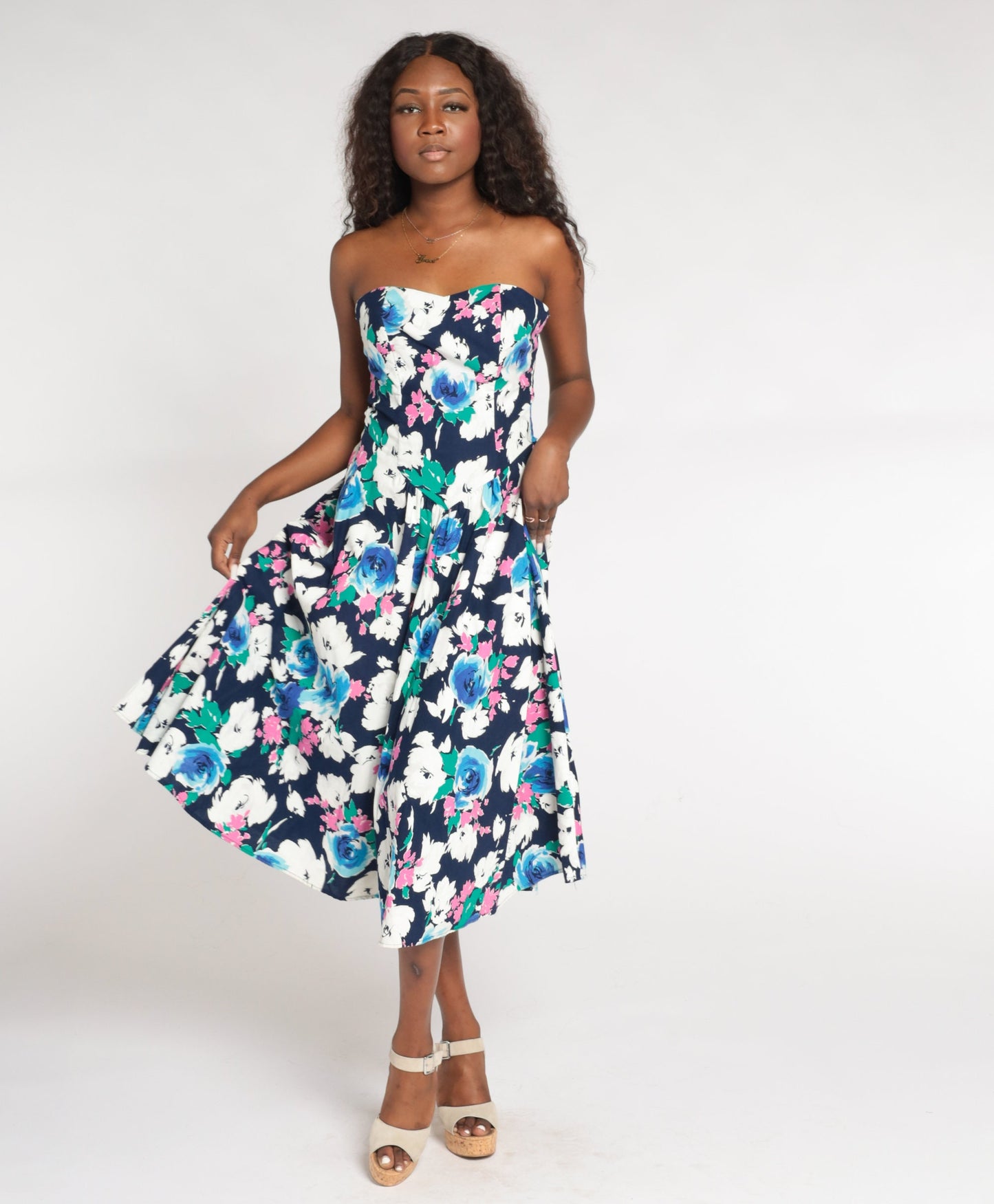80s Floral Strapless Midi Dress Smocked Sweetheart Neckline Navy Rose Print Medium