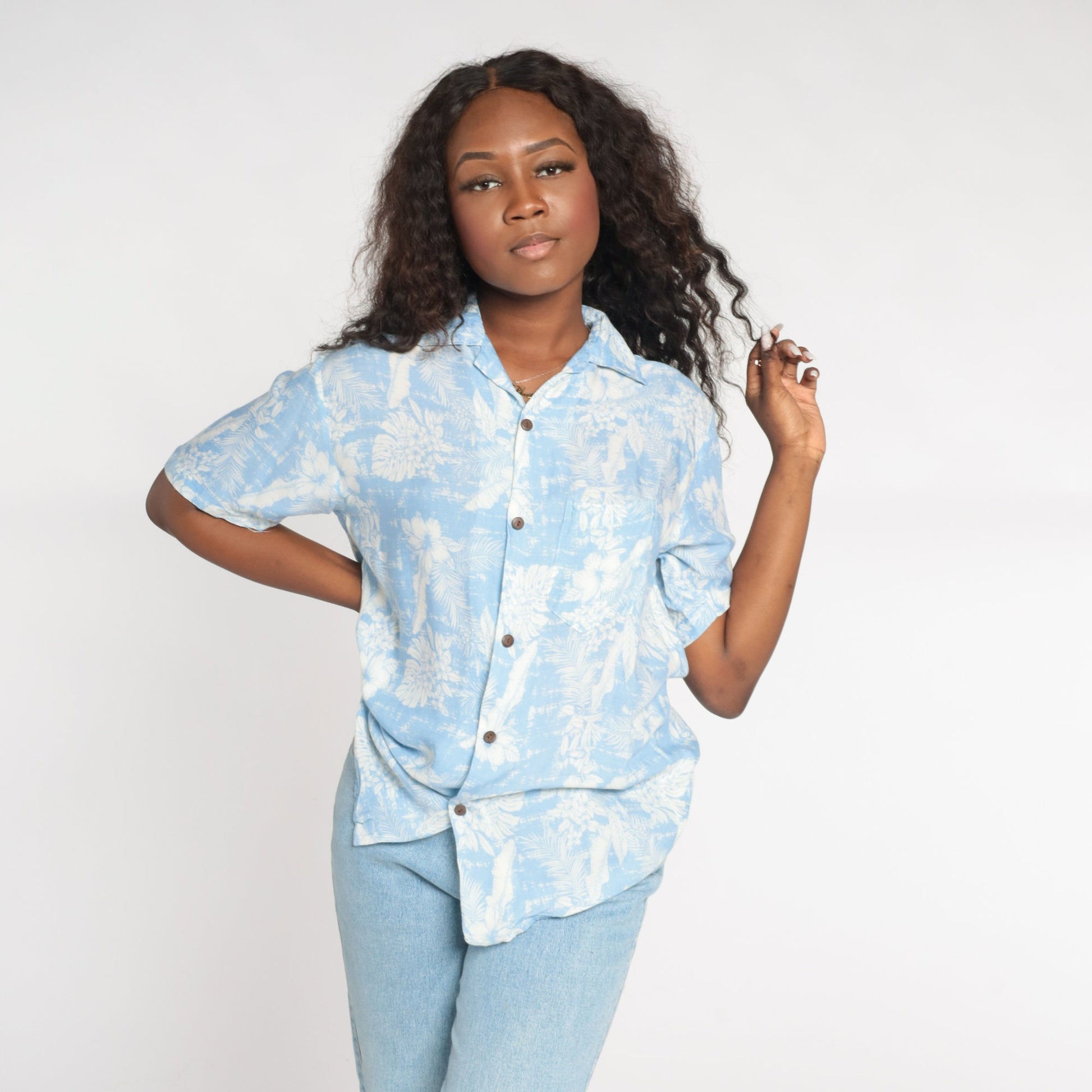 Y2K Blue Hawaiian Shirt Tropical Floral Leaf Print Button Up Small S