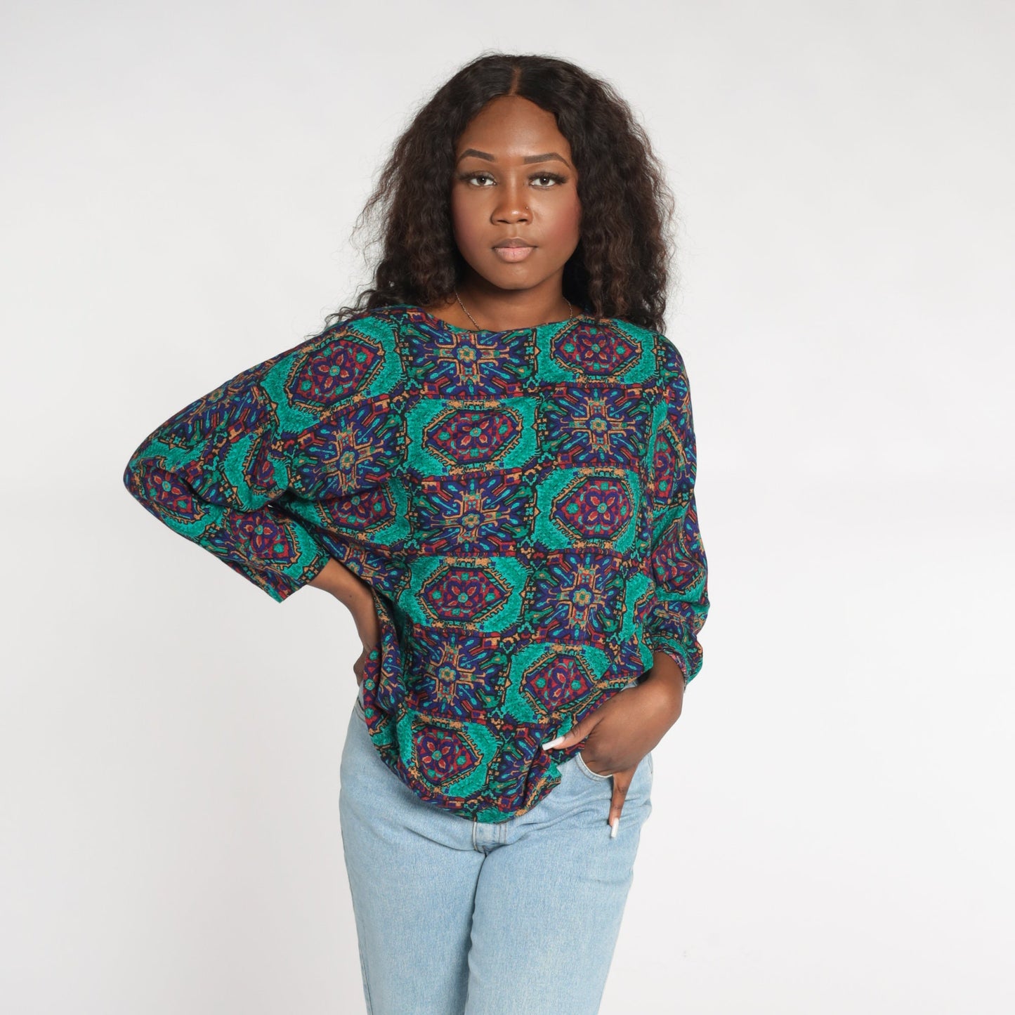 90s Geometric Tile Print Rayon Blouse Long Sleeve Medallion Top Medium