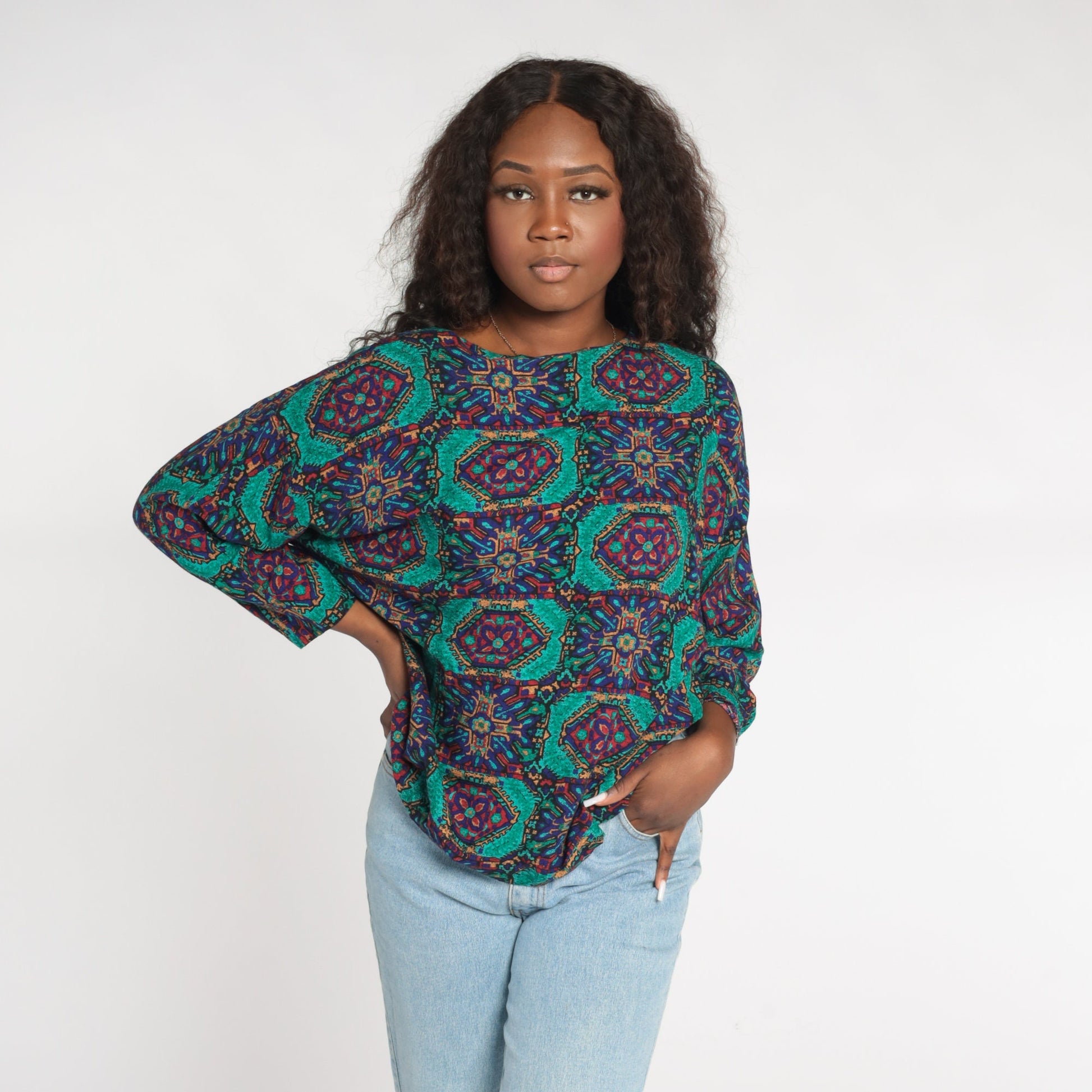 90s Geometric Tile Print Rayon Blouse Long Sleeve Medallion Top Medium
