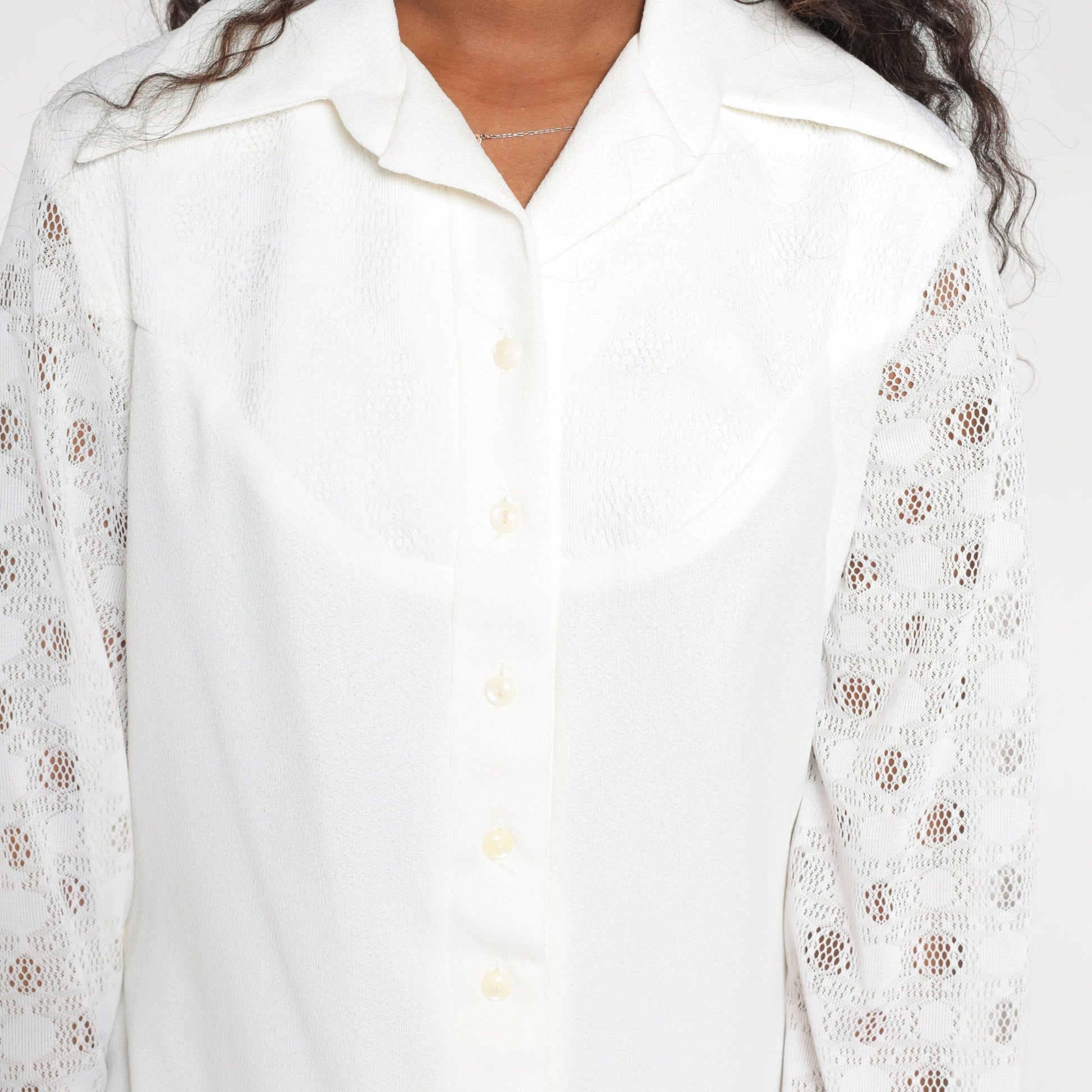 70s White Mini Shift Dress Dagger Collar Long Sleeve Button-Up Medium M