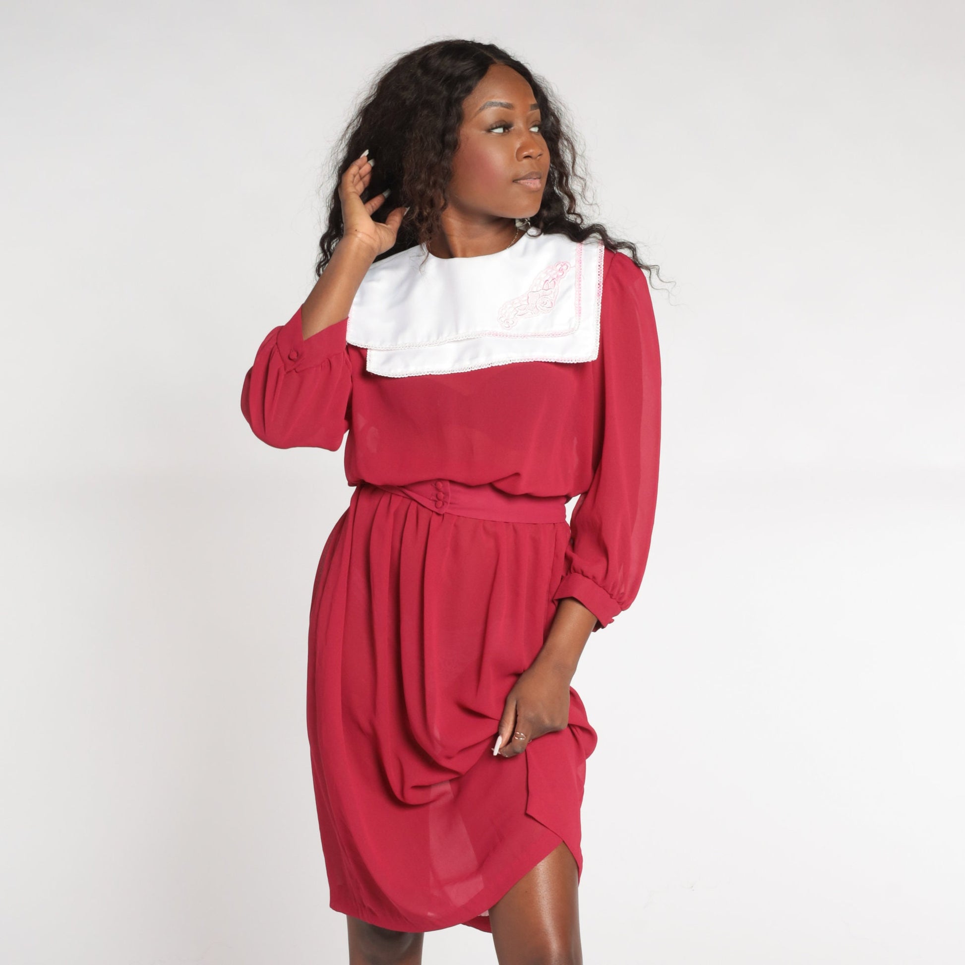 80s Red Sheer Midi Dress White Floral Embroidered Bib Puff Sleeve Small Medium