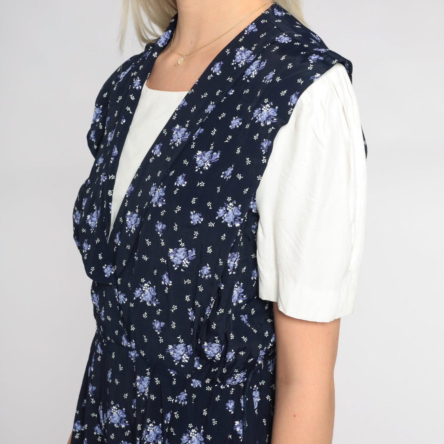 90s Floral Navy Blue Romper White Layered Short Sleeve Wide Leg Small
