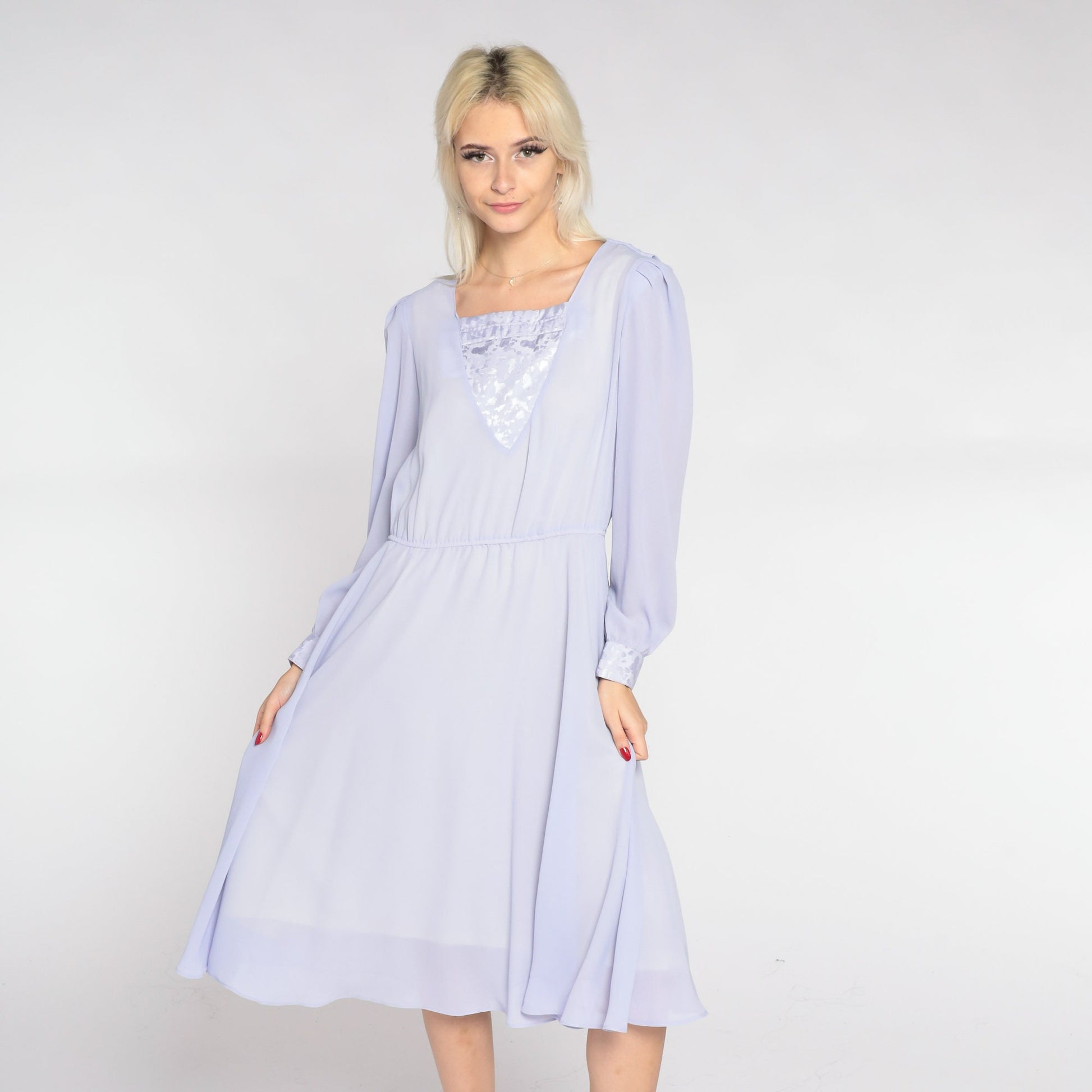 80s Hal Ferman Lavender Midi Dress High Waist Long Sleeve Draped Small