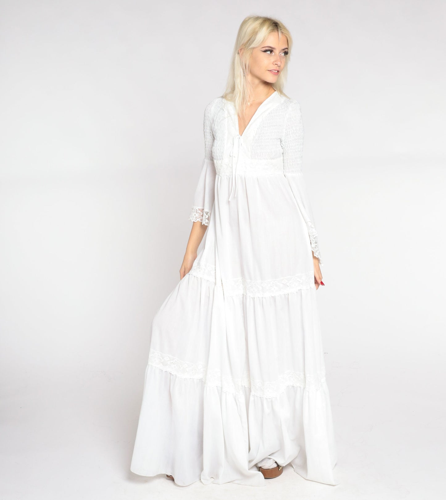 70s White Maxi Dress Angel Bell Sleeve V Neck Empire Waist Smocked Small