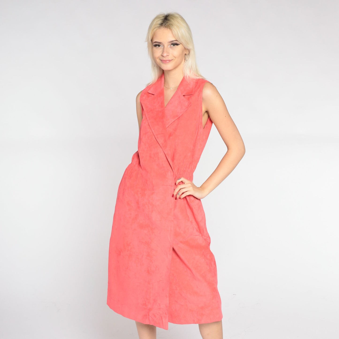 80s Salmon Pink Faux Suede Midi Dress Collared V-Neck Wrap High Waist Medium Large