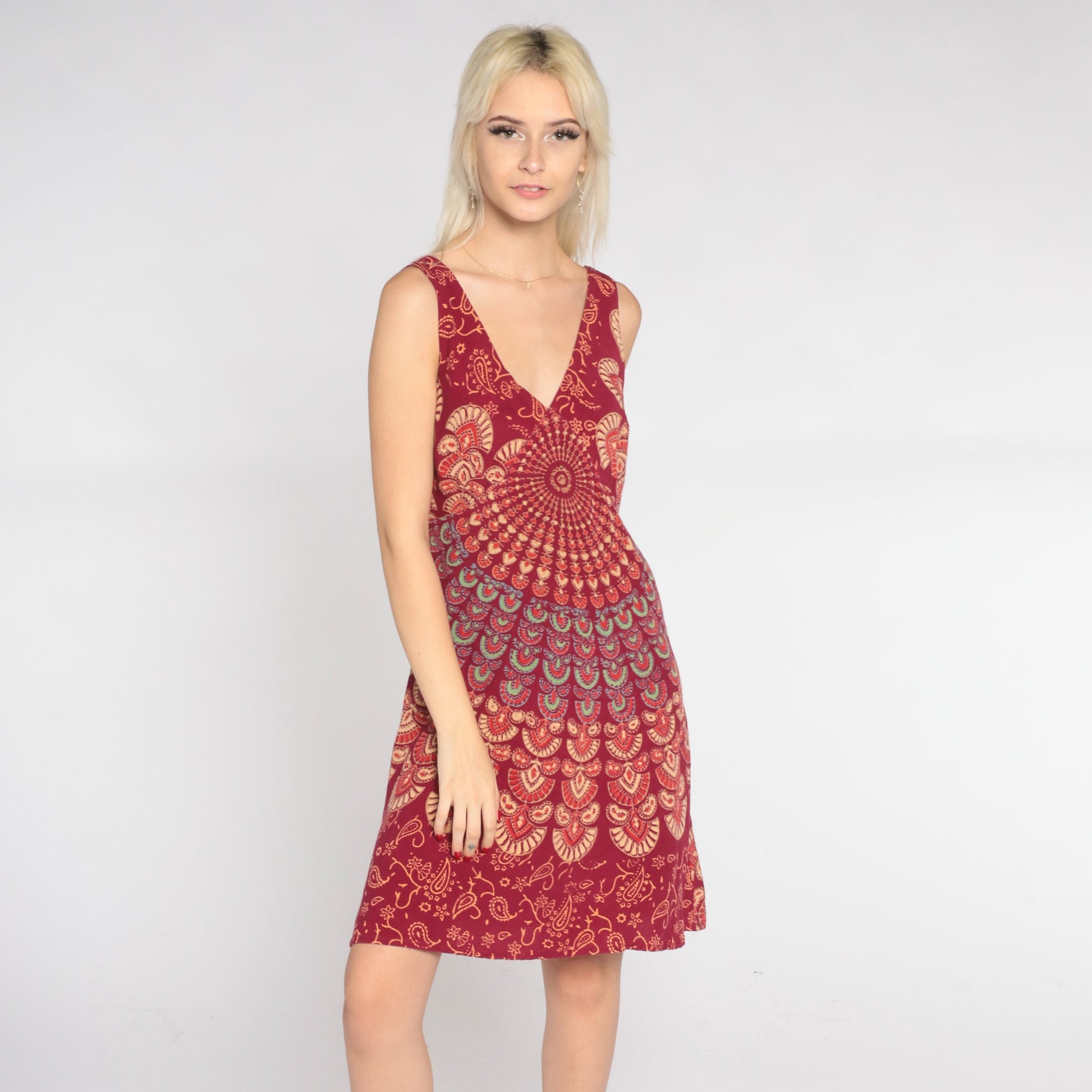 90s Red Mandala Floral Mini Dress V-Neck Empire Waist Sleeveless Large L