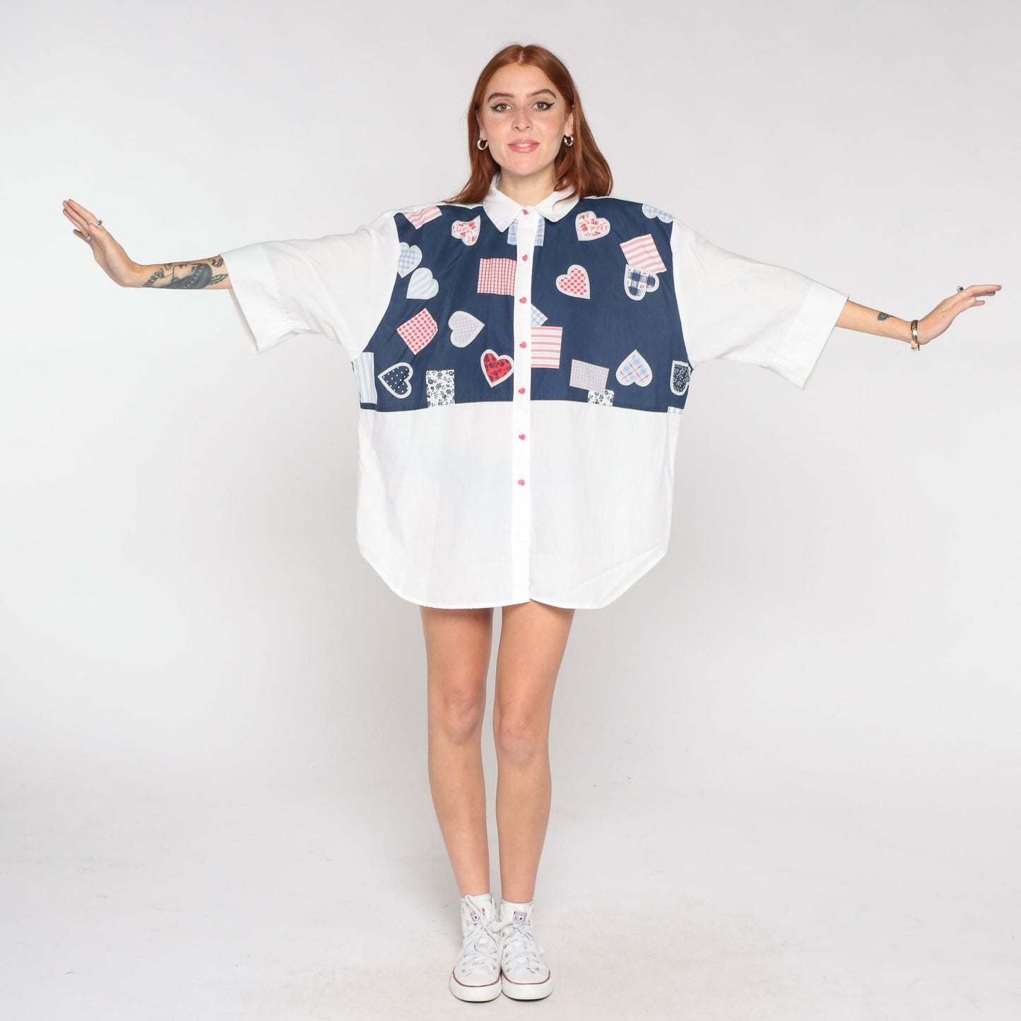 80s Heart Print Button Up Blouse Blue White 3/4 Sleeve Plus Size XXL