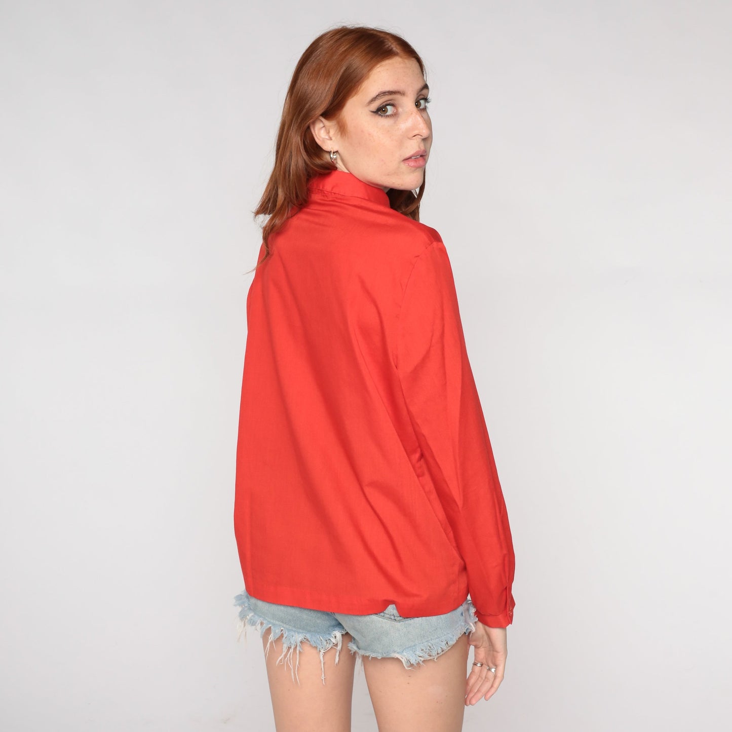 80s Red Button-Up Blouse Collared Long Sleeve Shirt Medium