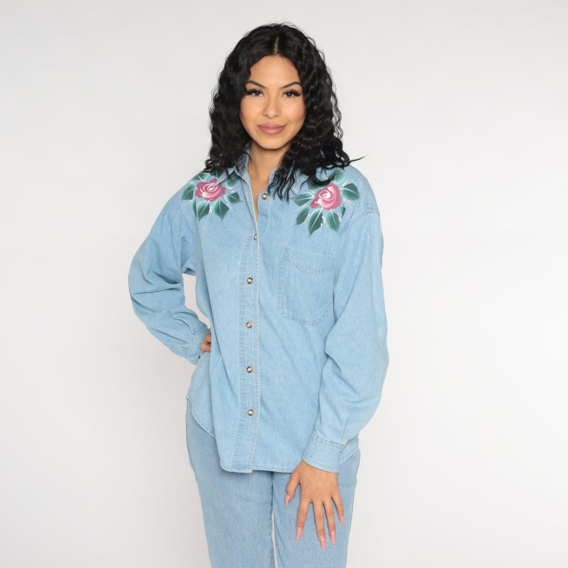 90s Blue Denim Shirt Floral Rose Print Button-Up Blouse Long Sleeve Medium M