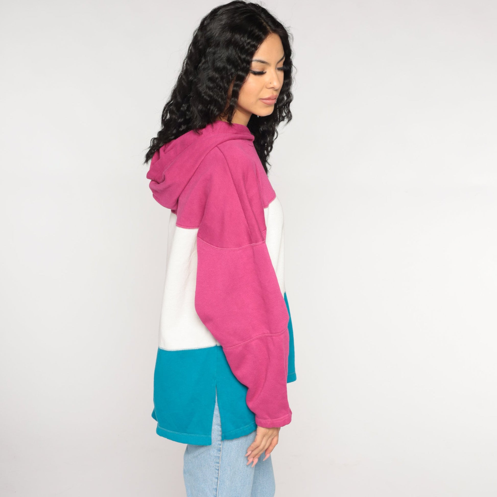 90s Color Block Hoodie White Pink Blue Striped Sweatshirt Large L