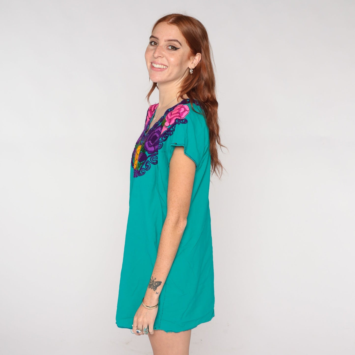 Mexican Embroidered Floral Blouse Teal Green Tunic V-Neck Cap Sleeve Small Medium
