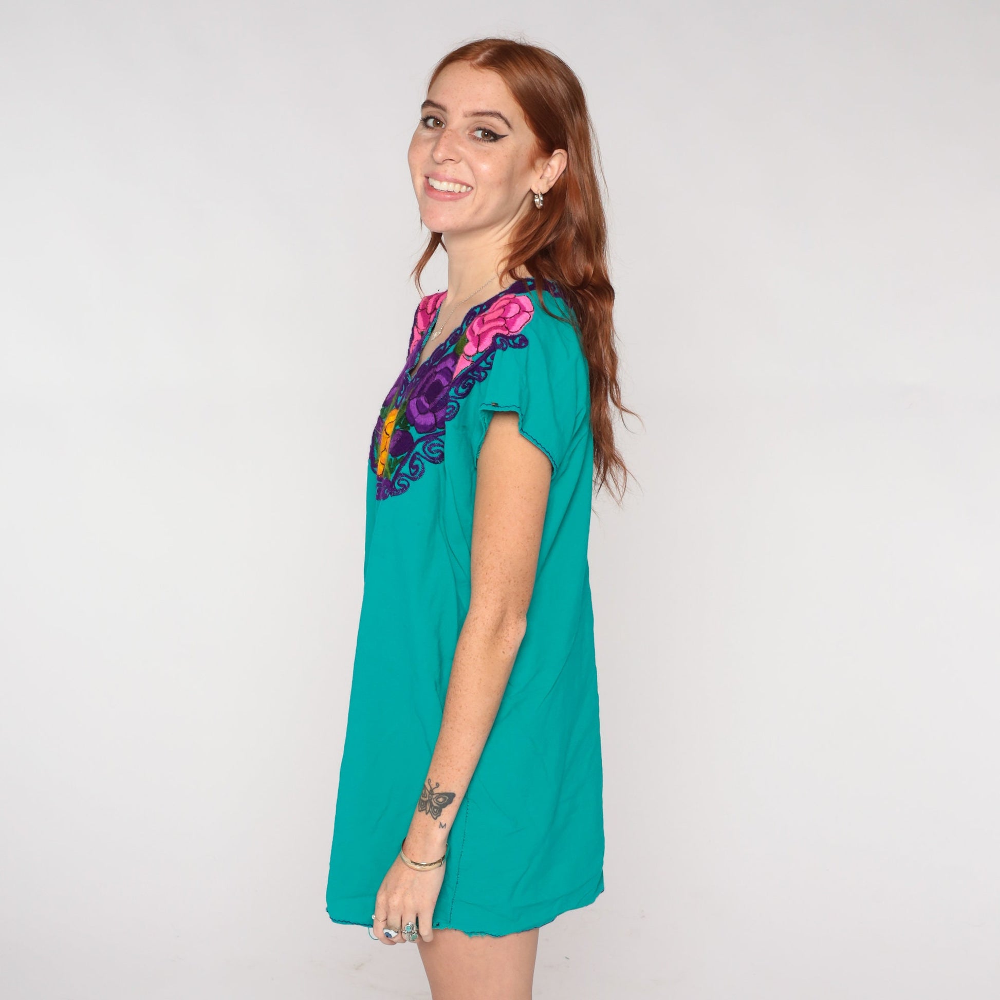 Mexican Embroidered Floral Blouse Teal Green Tunic V-Neck Cap Sleeve Small Medium