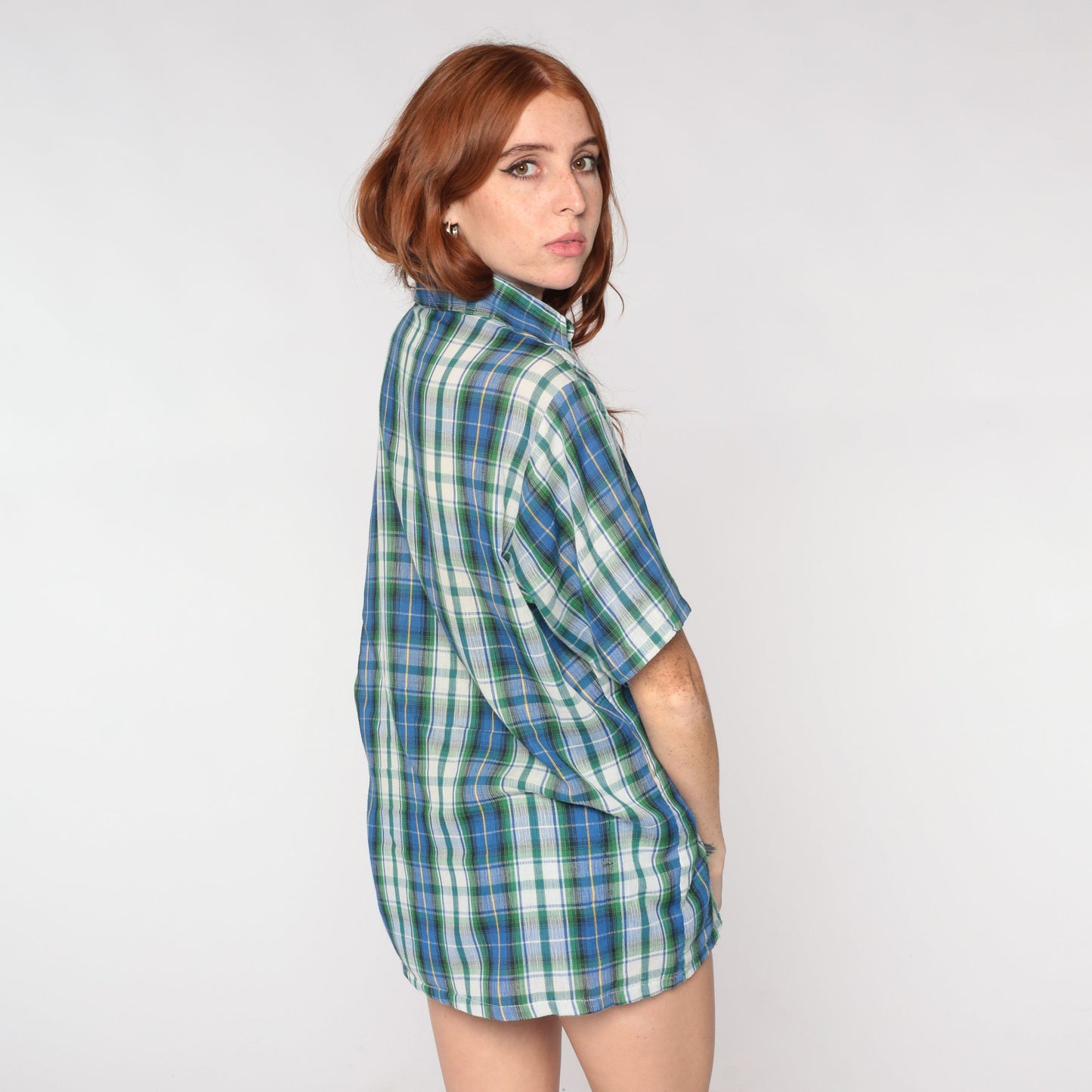 70s Blue Plaid Button-Up Shirt Green White Pointed Collar Short Sleeve Large