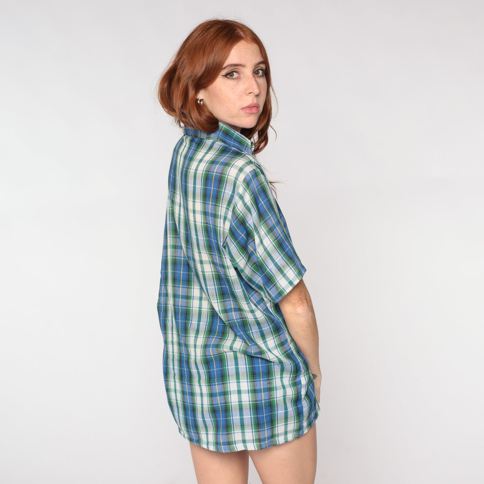 70s Blue Plaid Button-Up Shirt Green White Pointed Collar Short Sleeve Large
