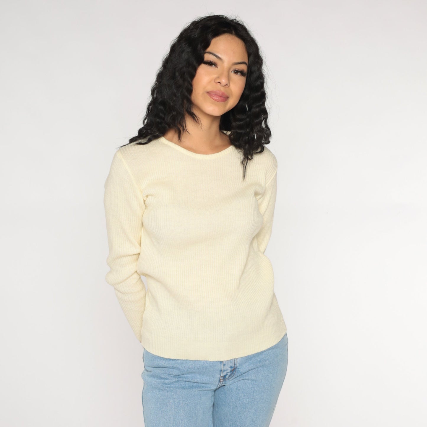 70s Cream Ribbed Knit Crewneck Pullover Sweater Small Medium