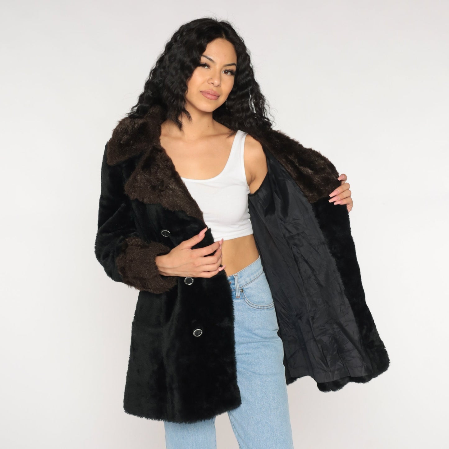 70s Black Faux Fur Coat Double Breasted Collar Brown Trim Small