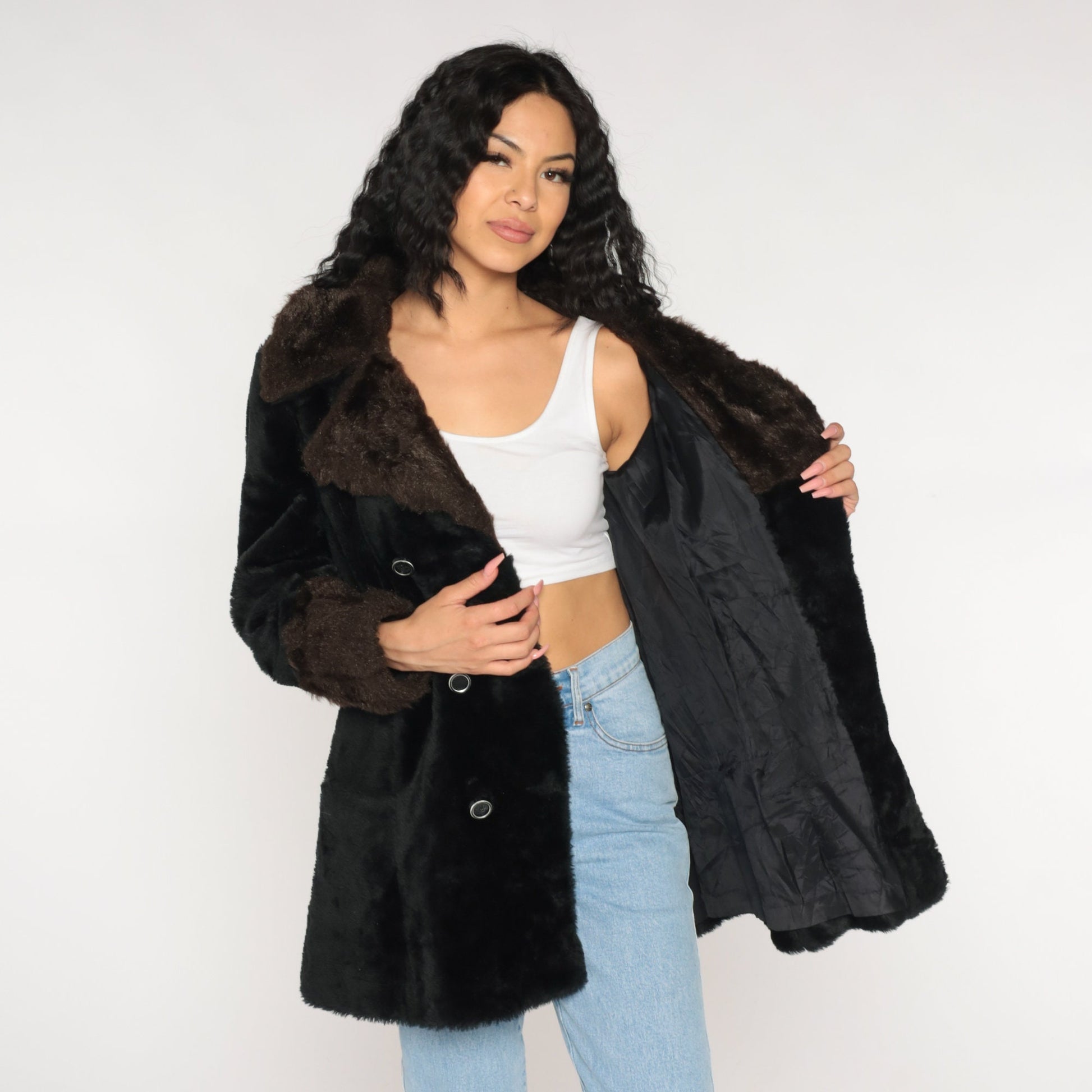 70s Black Faux Fur Coat Double Breasted Collar Brown Trim Small