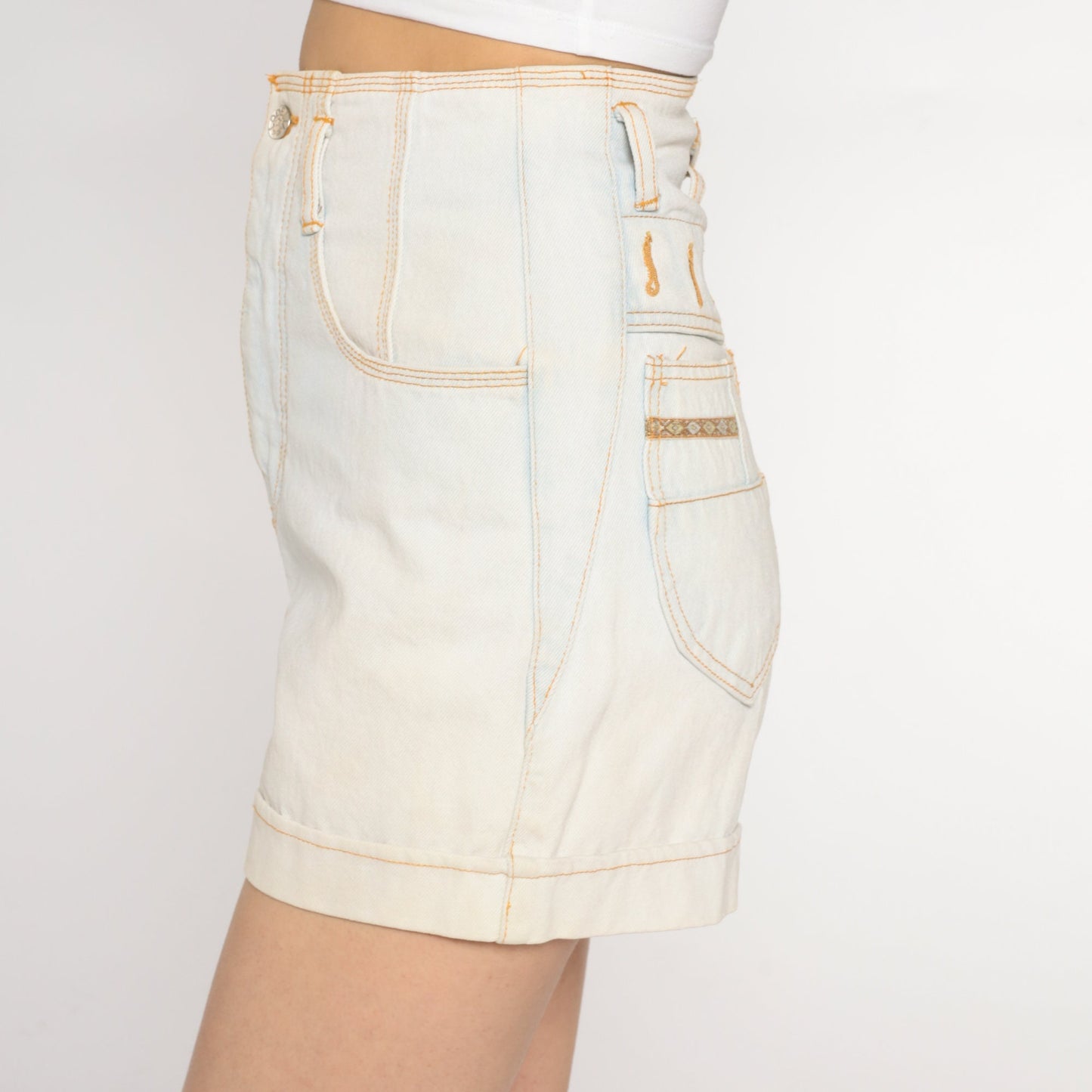 90s Off White Denim Shorts Ultra High Rise Southwestern Stitching Small